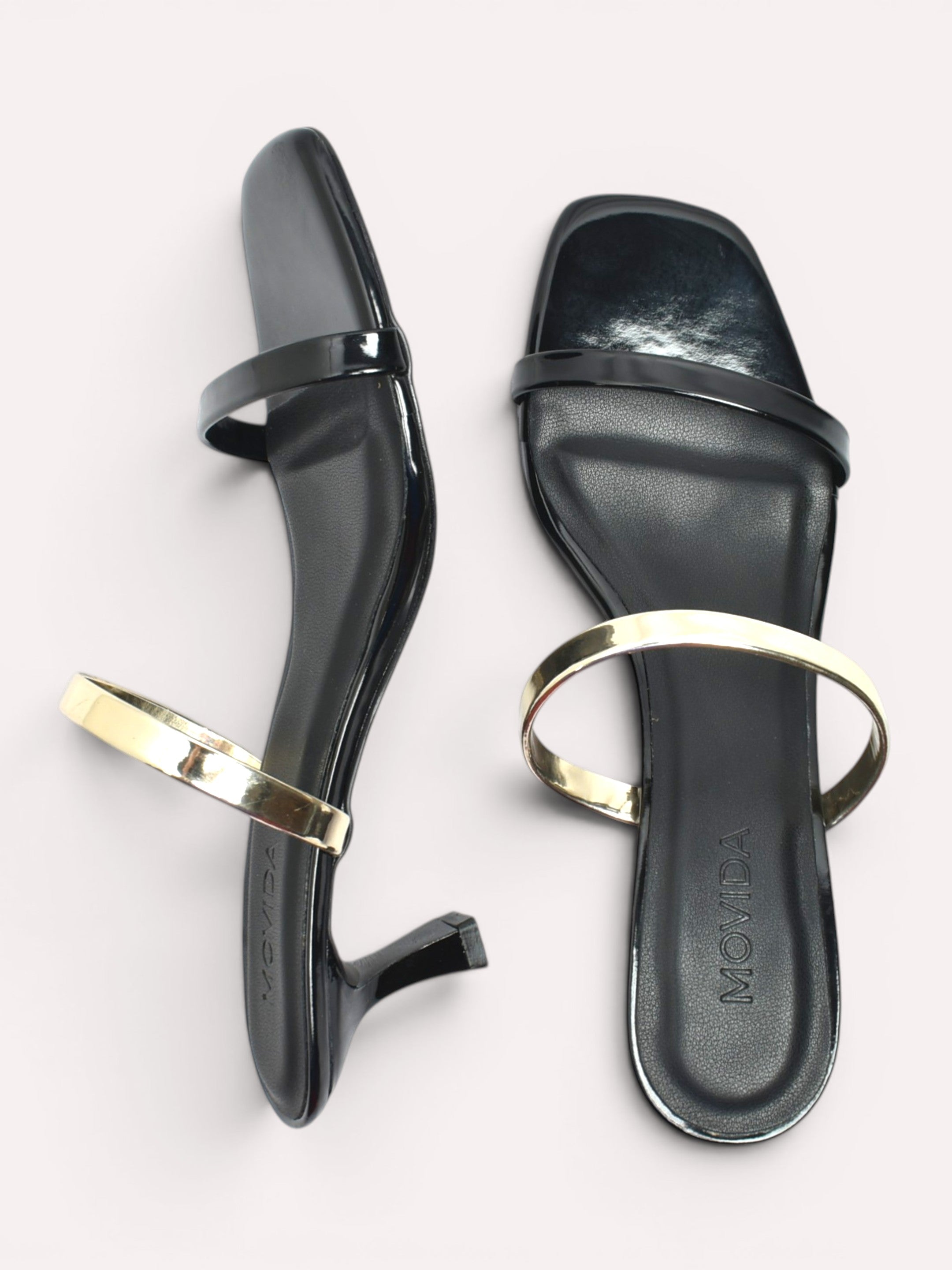 Reva Dual Strap Gold Bar Kitten Heel Mule – Black