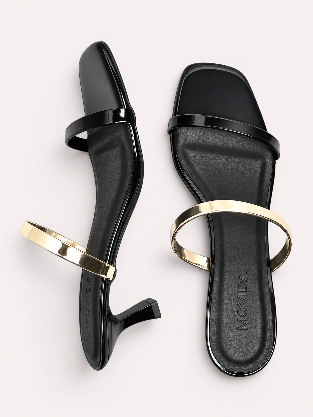 Reva Dual Strap Gold Bar Kitten Heel Mule – Black