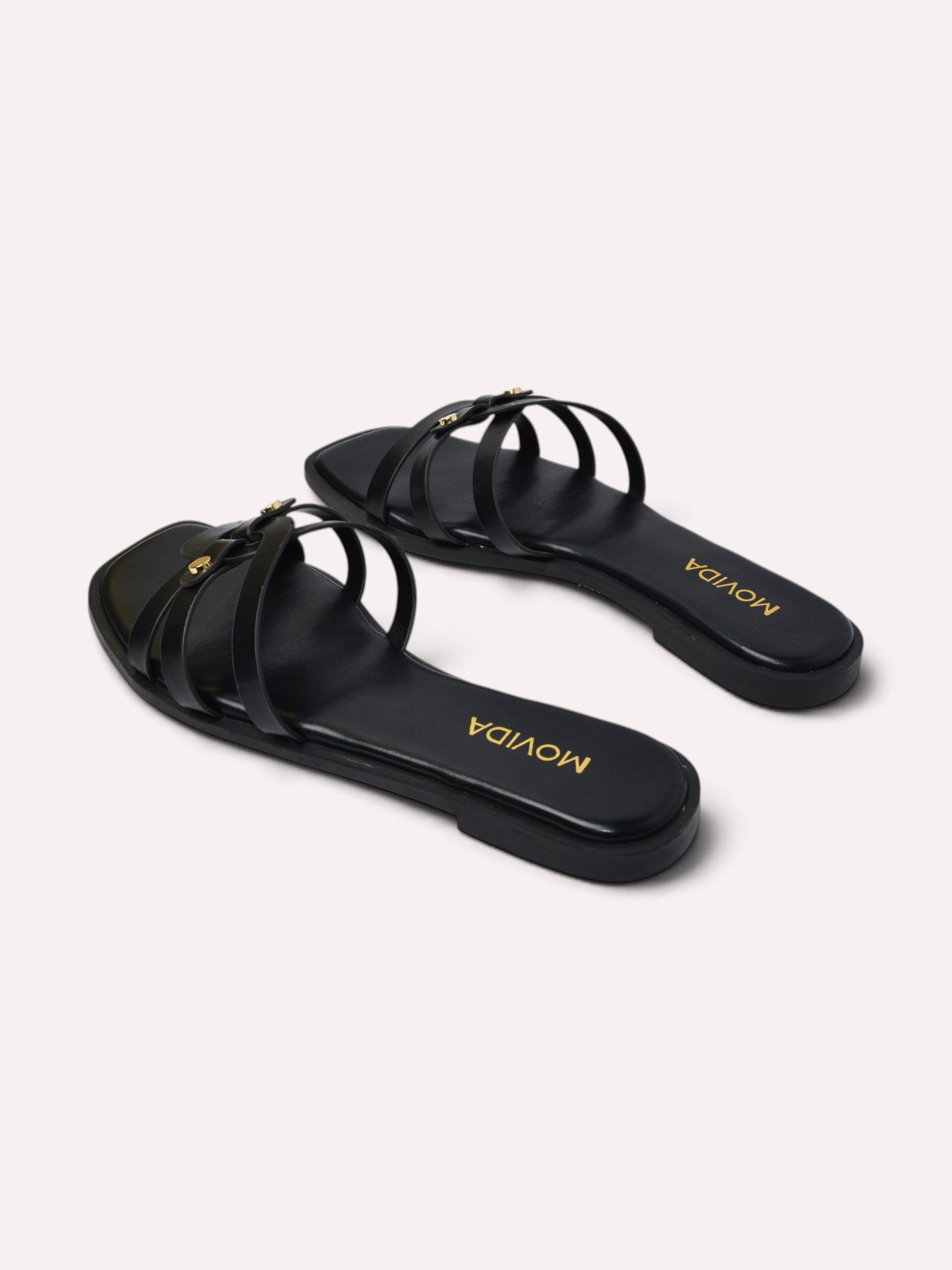 Trio Gold Rivet Triple Strap Flat Slide – Black