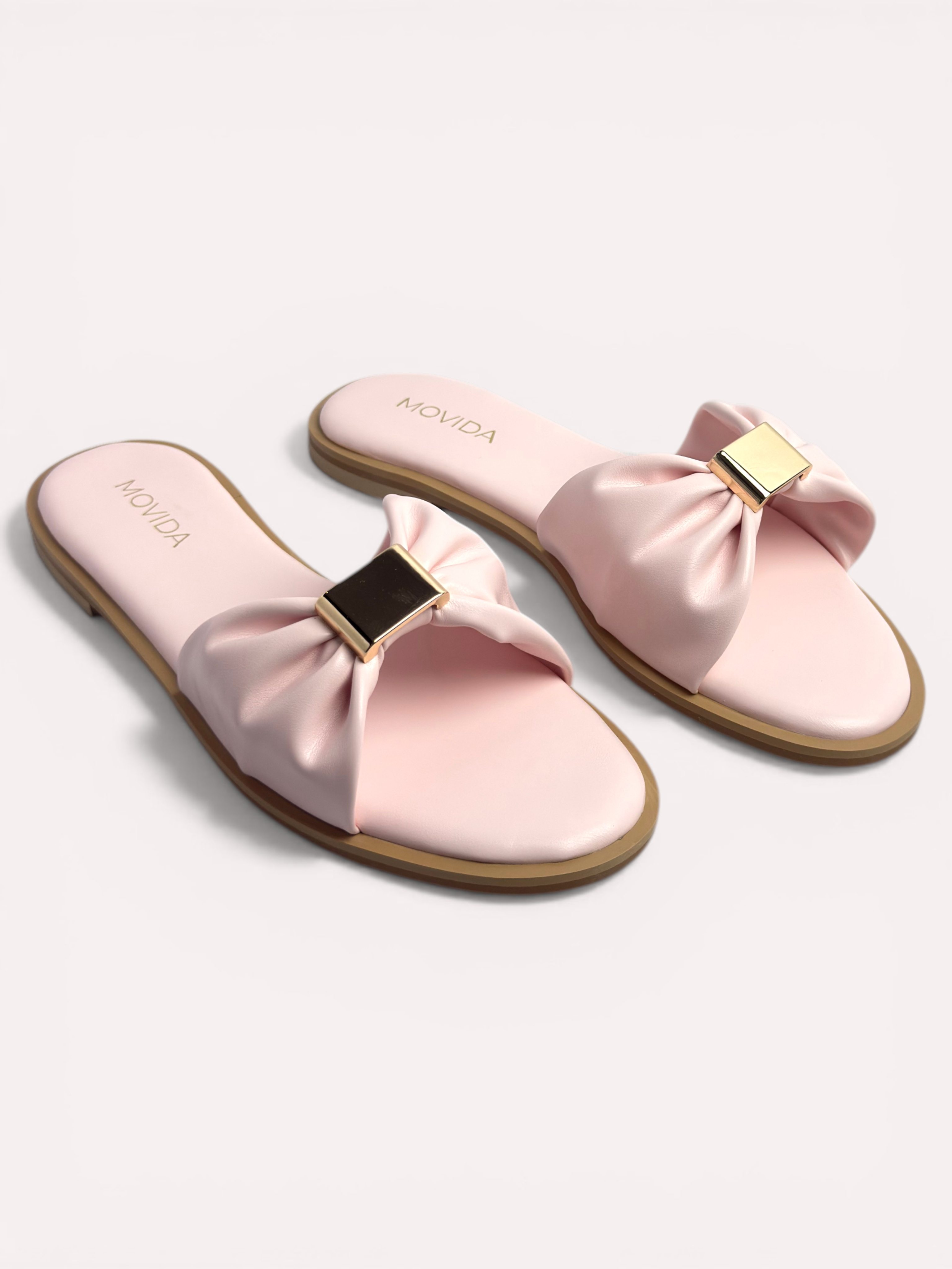 Lumi Ruched Bow-Strap Flat Slide Sandals – Pink
