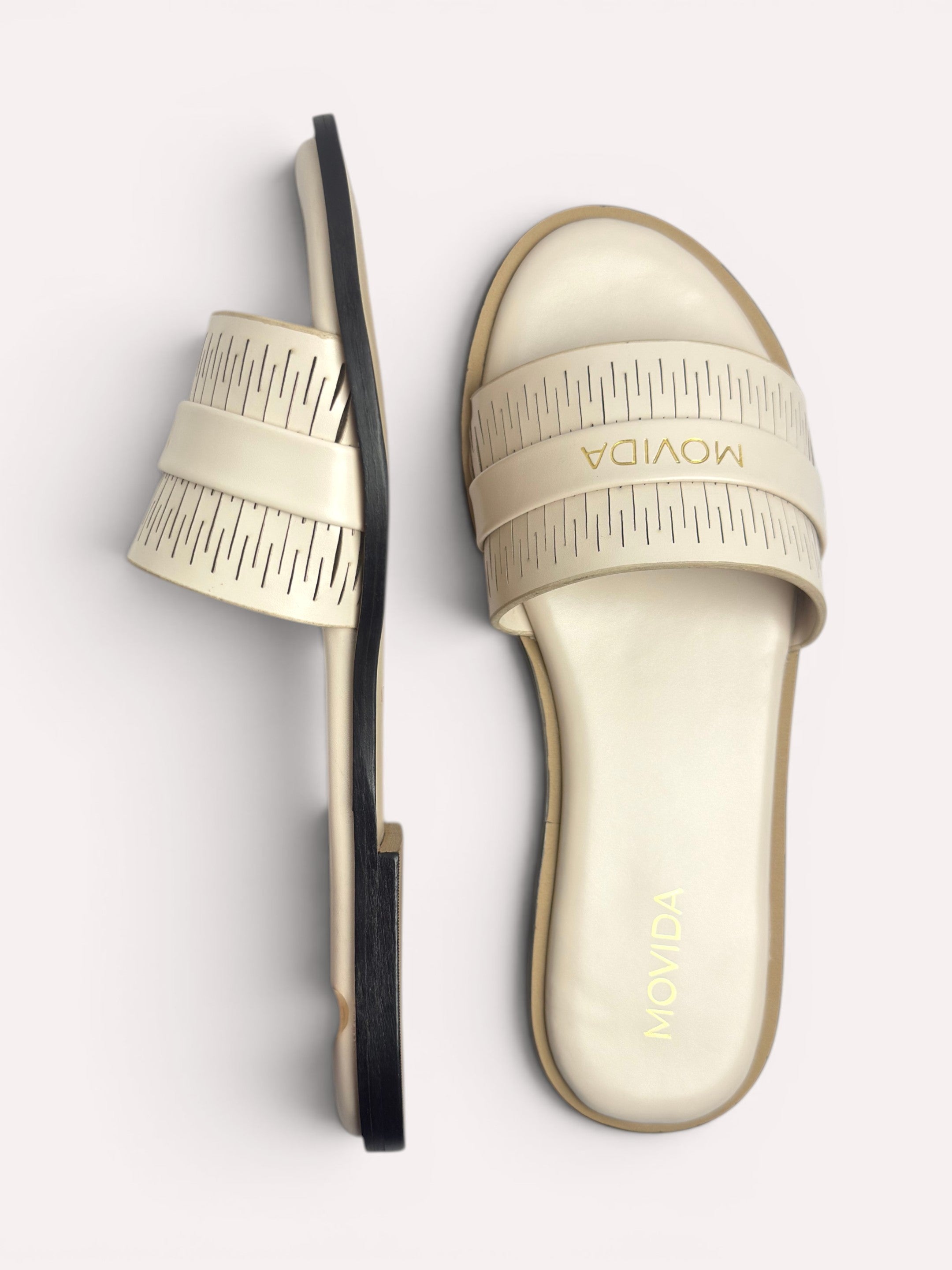 Lara Perforated Logo Strap Flat Slide – Cream