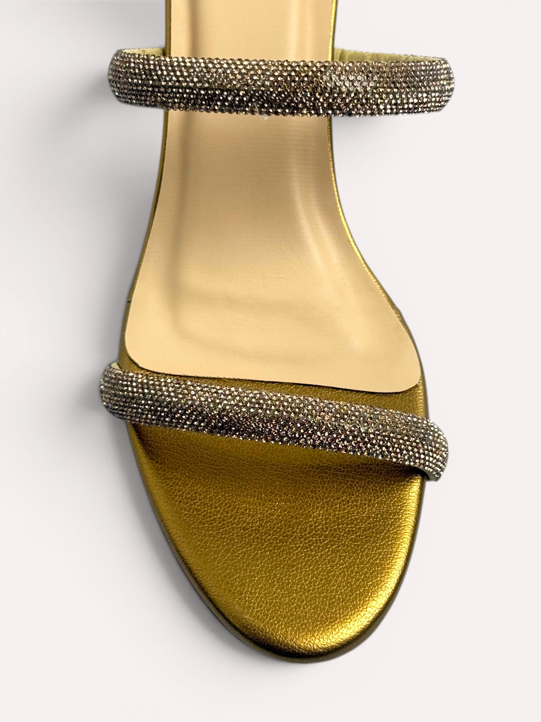 Noir Crystal Dual-Strap Flared Heel Mules – Copper