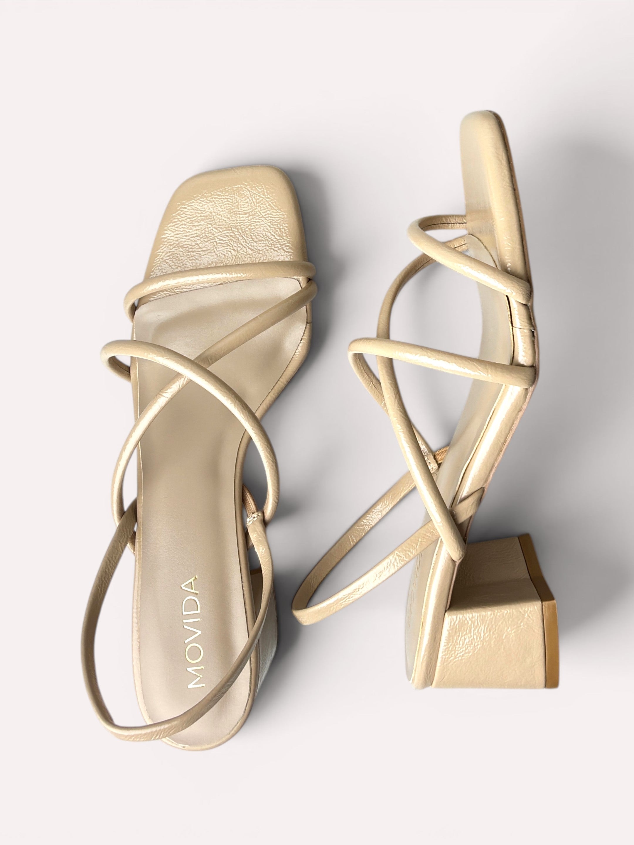 Scarlett Crinkle Patent Multi-Strap Block Heel Mule – Beige