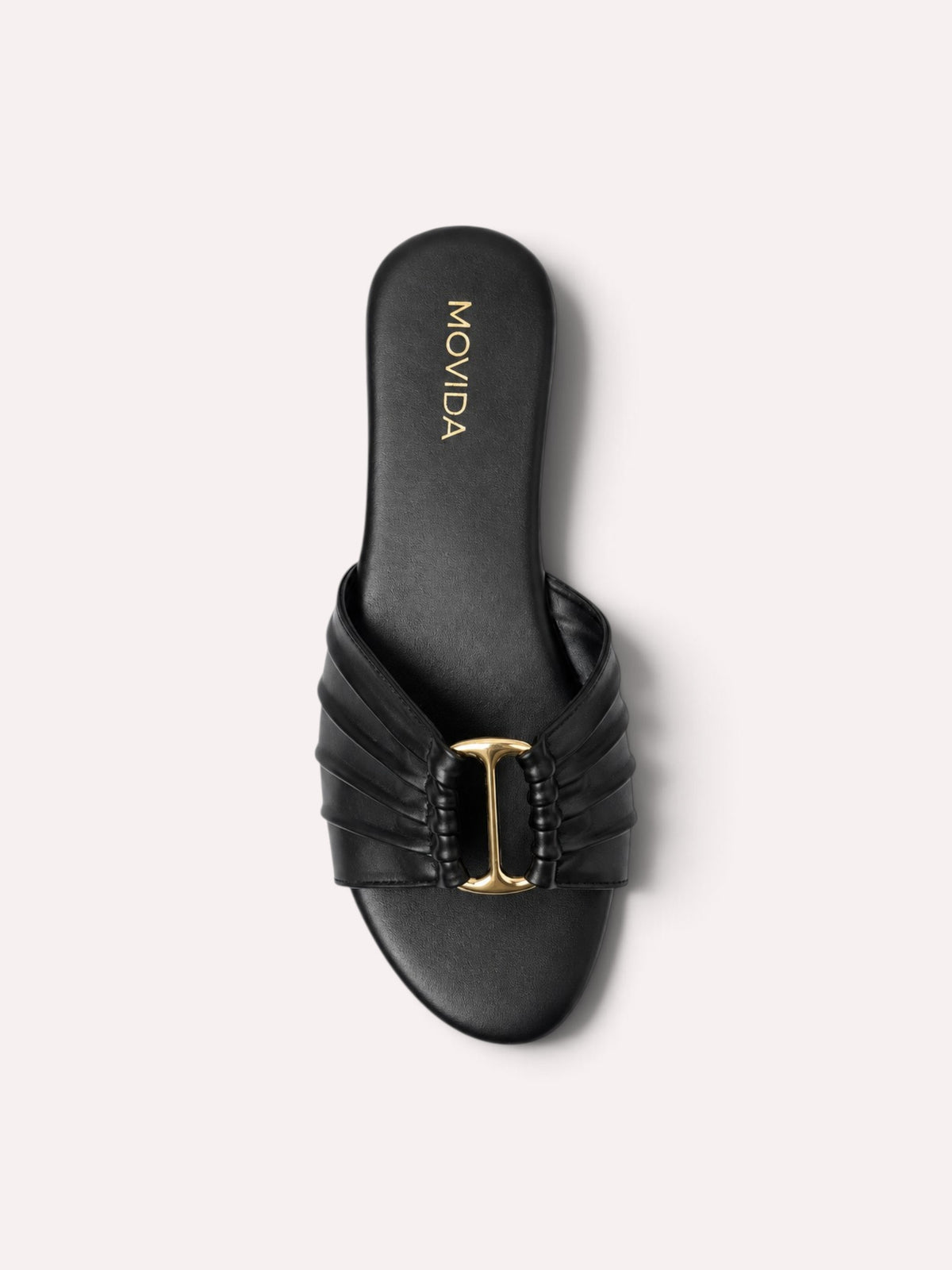 Plisse Gold-Bar Multi-Strap Flat Slide – Black