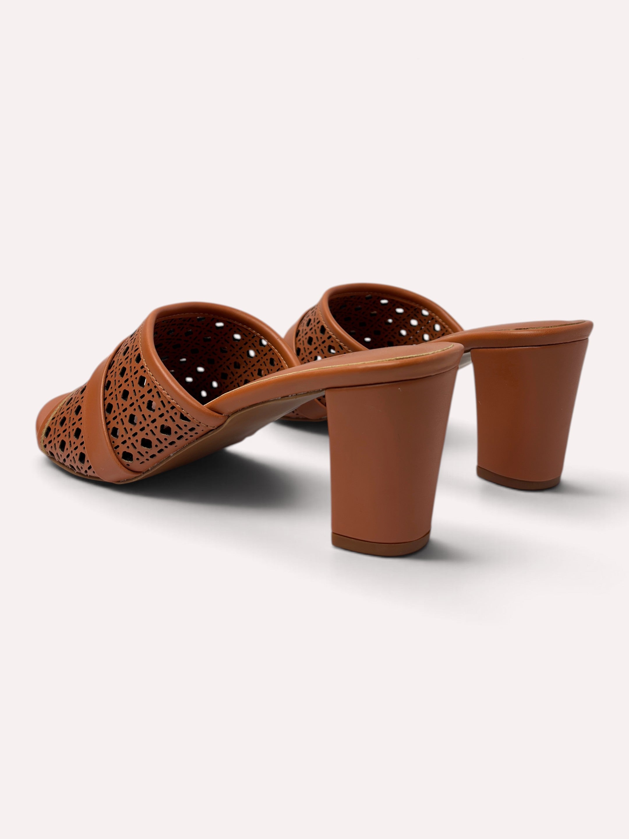 Canela Laser-Cut Mule Block Heel – Tan – Back View