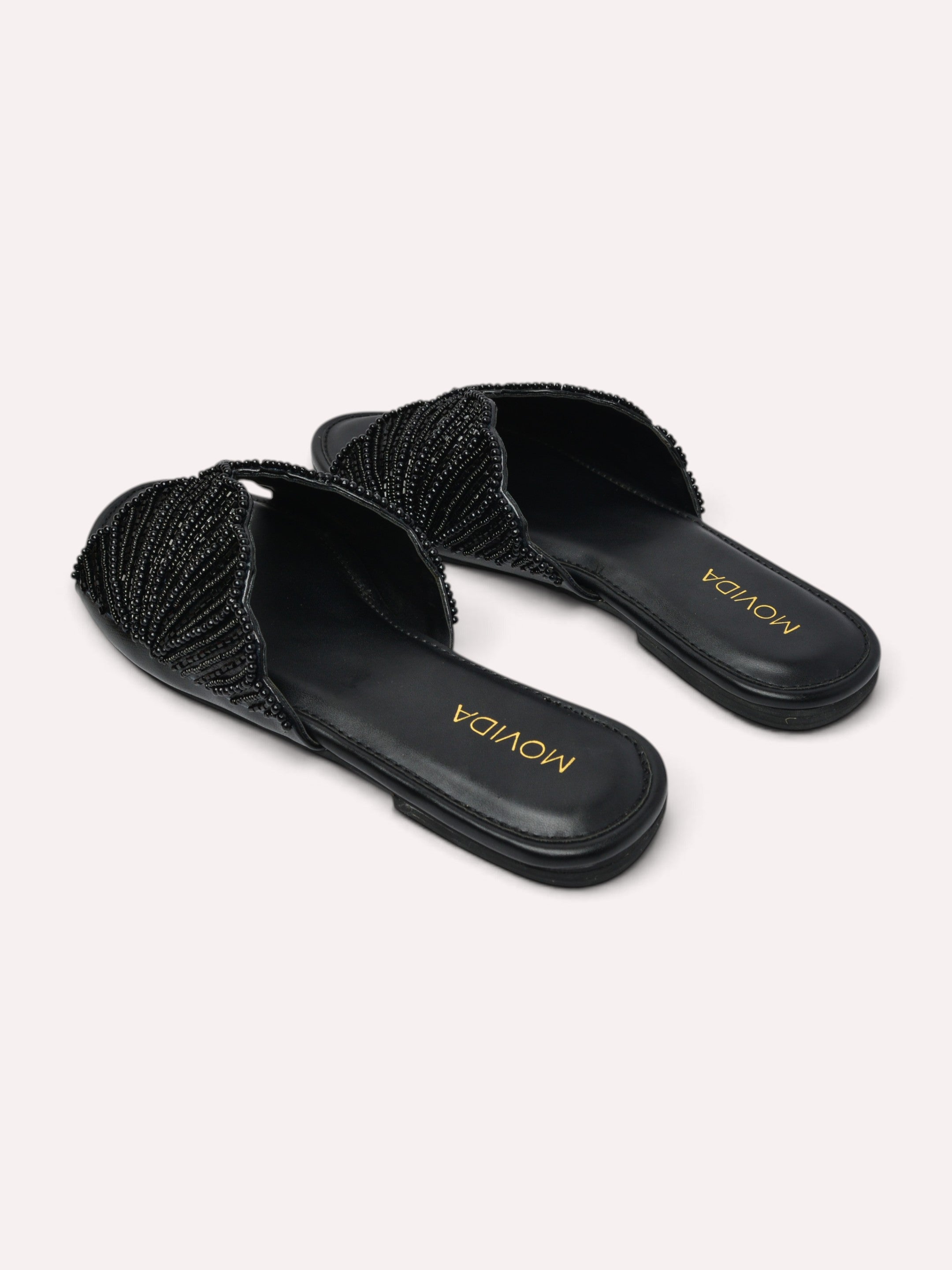 Lyra Pearl Embellished Wing Flat Slide – Black