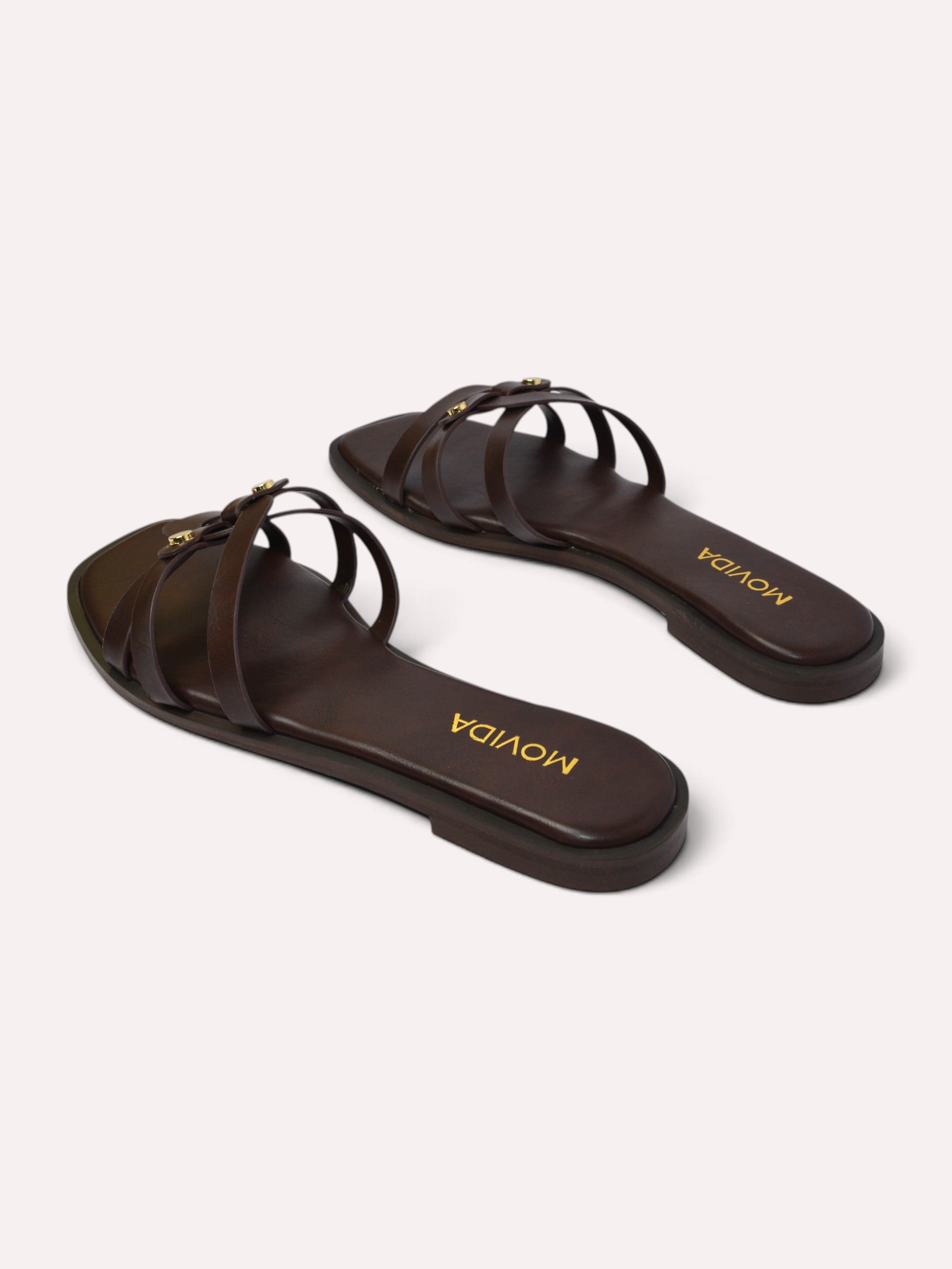 Trio Gold Rivet Triple Strap Flat Slide – Brown