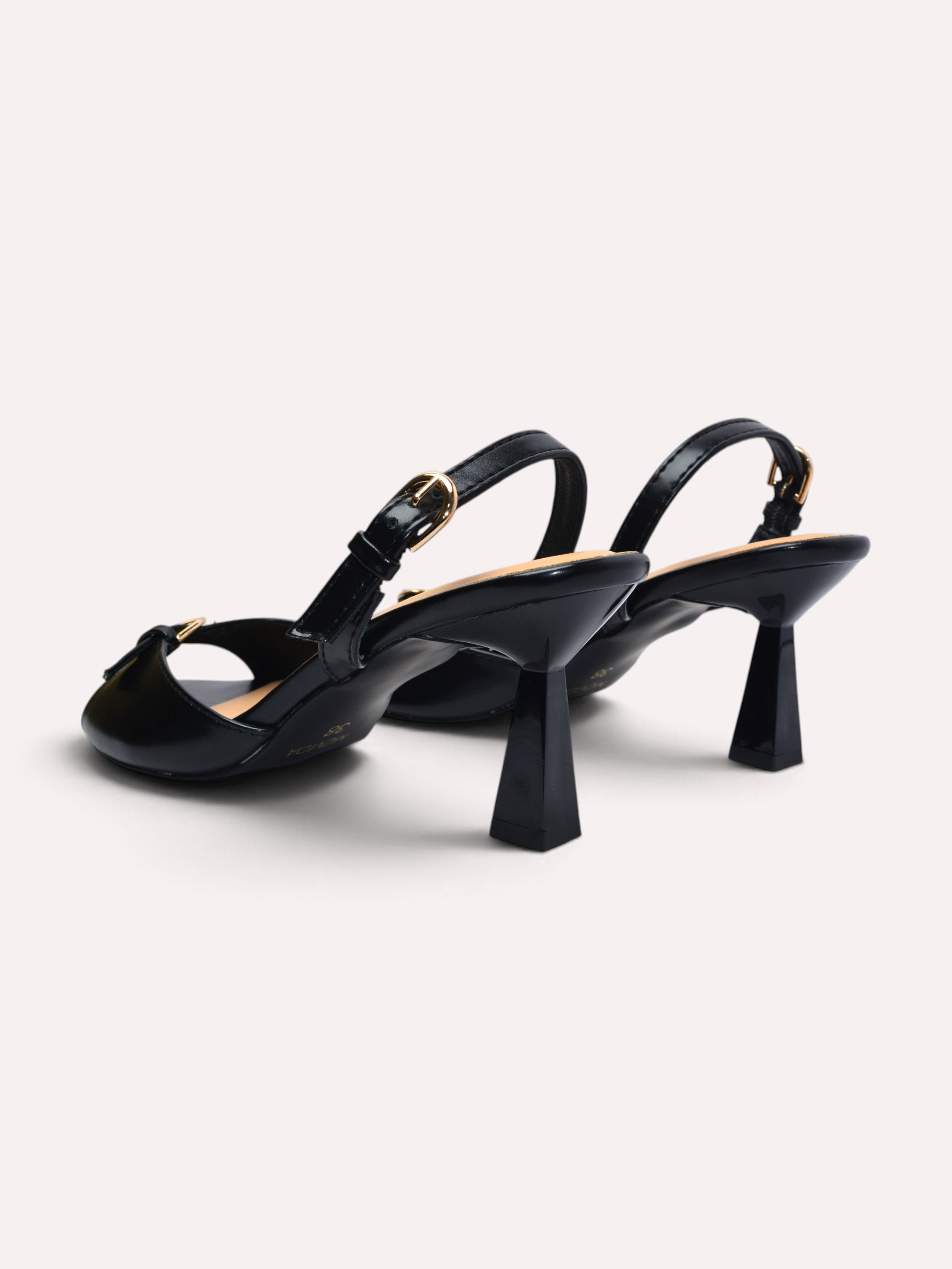 Elara Gold Buckle Strap Trumpet Heel Slingback – Black