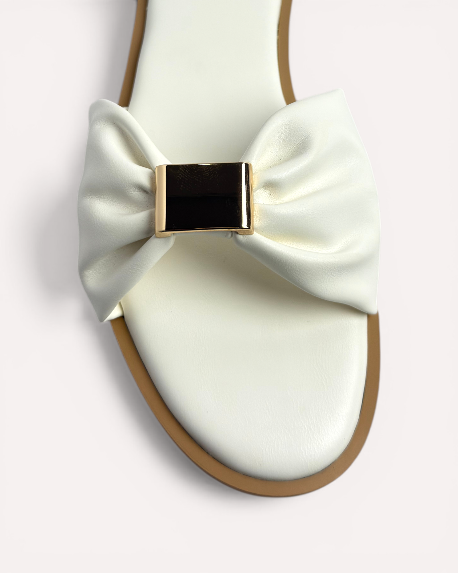 Lumi Ruched Bow-Strap Flat Slide Sandals – White