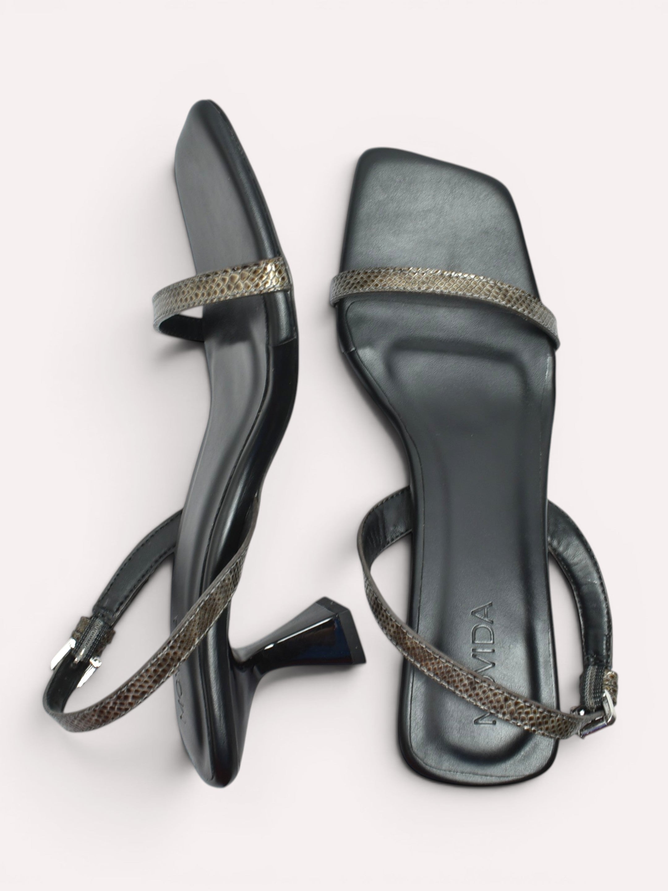 Nora Snake Strap Sculptural Heel Slingback – Black
