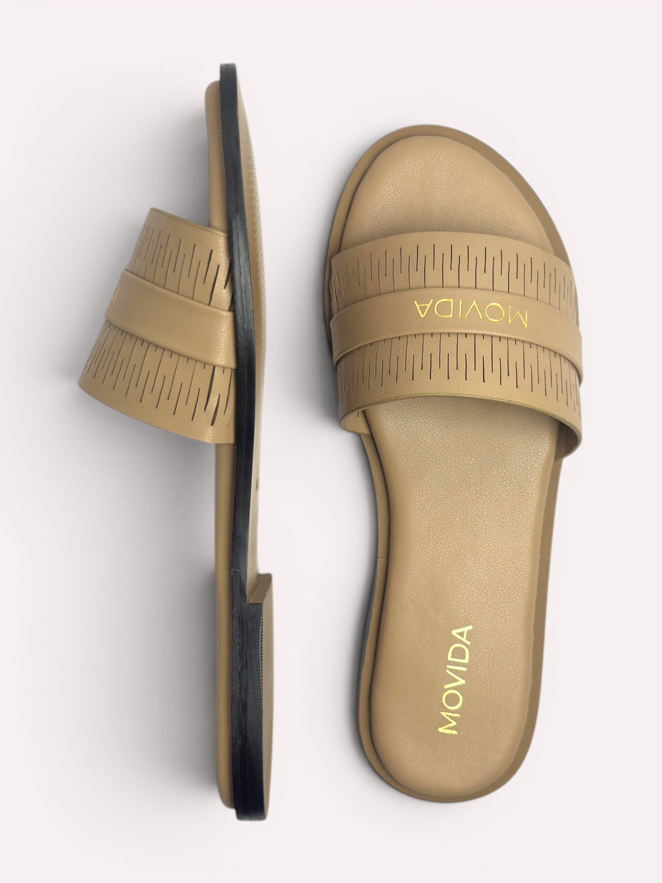 Lara Perforated Logo Strap Flat Slide – Camel