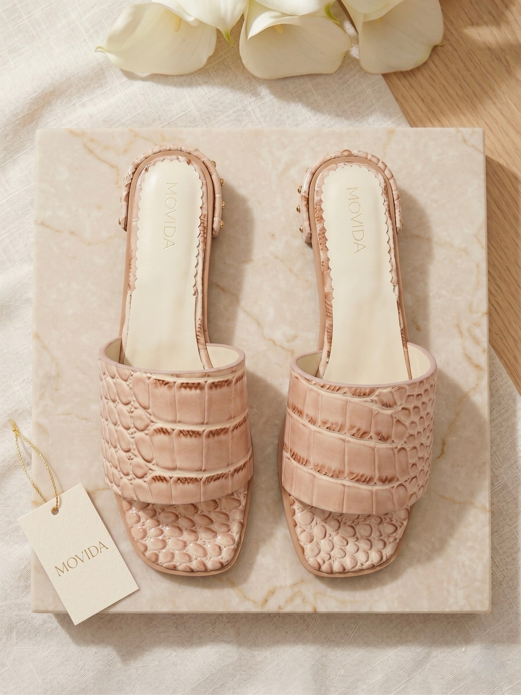 Harlow Patent Croco H-Bar Stud Slide – Beige