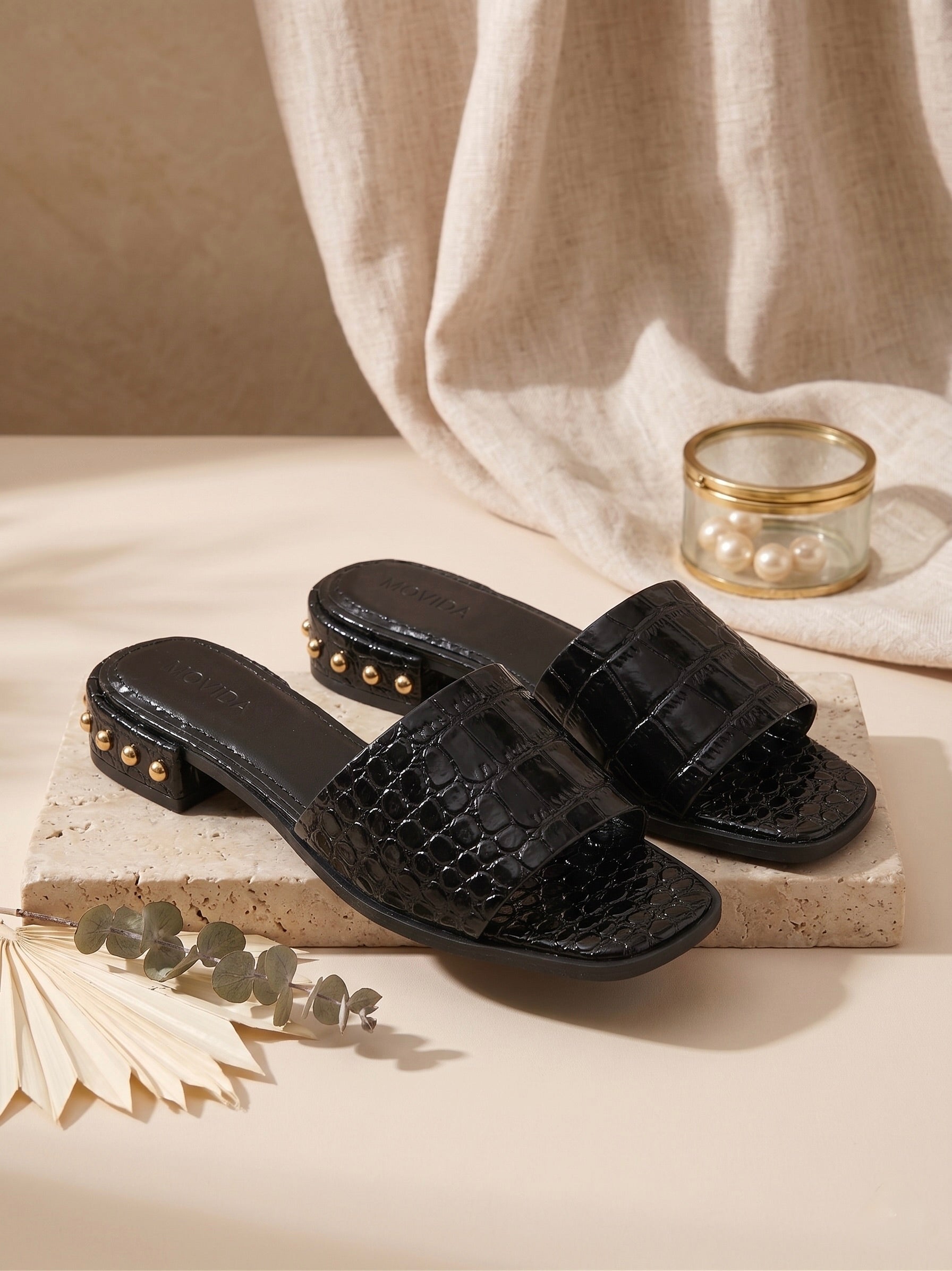 Harlow Patent Croco H-Bar Stud Slide – Black