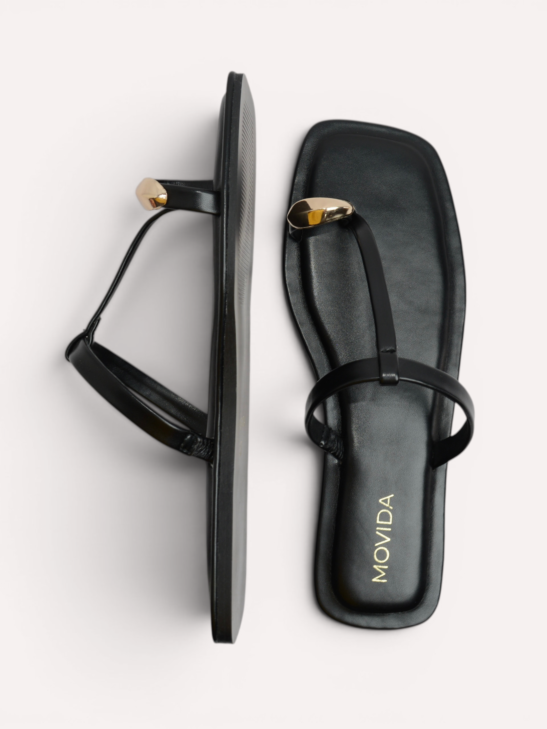Sable Gold Shell T-Bar  Thong Sandal – Black