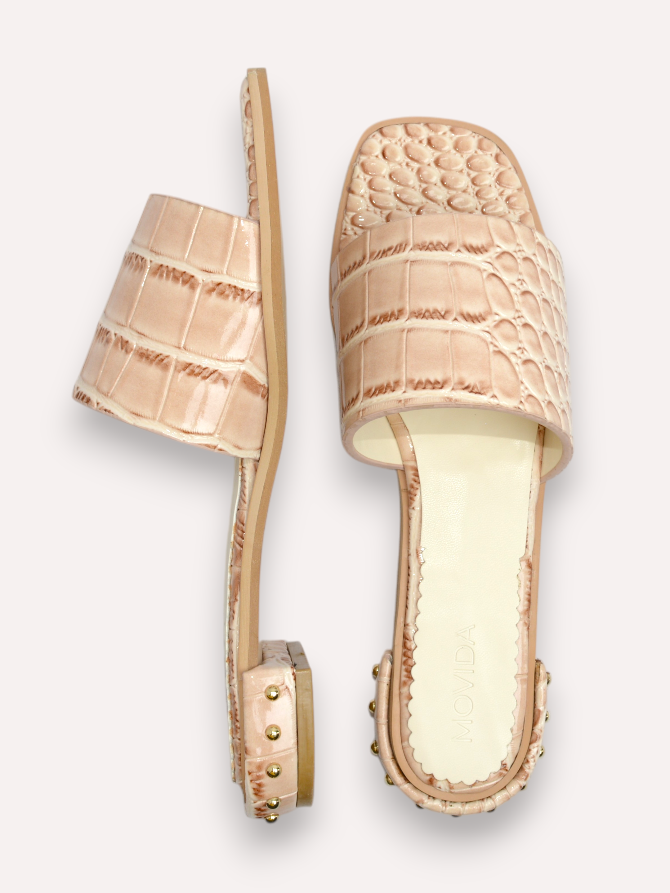 Harlow Patent Croco H-Bar Stud Slide – Beige