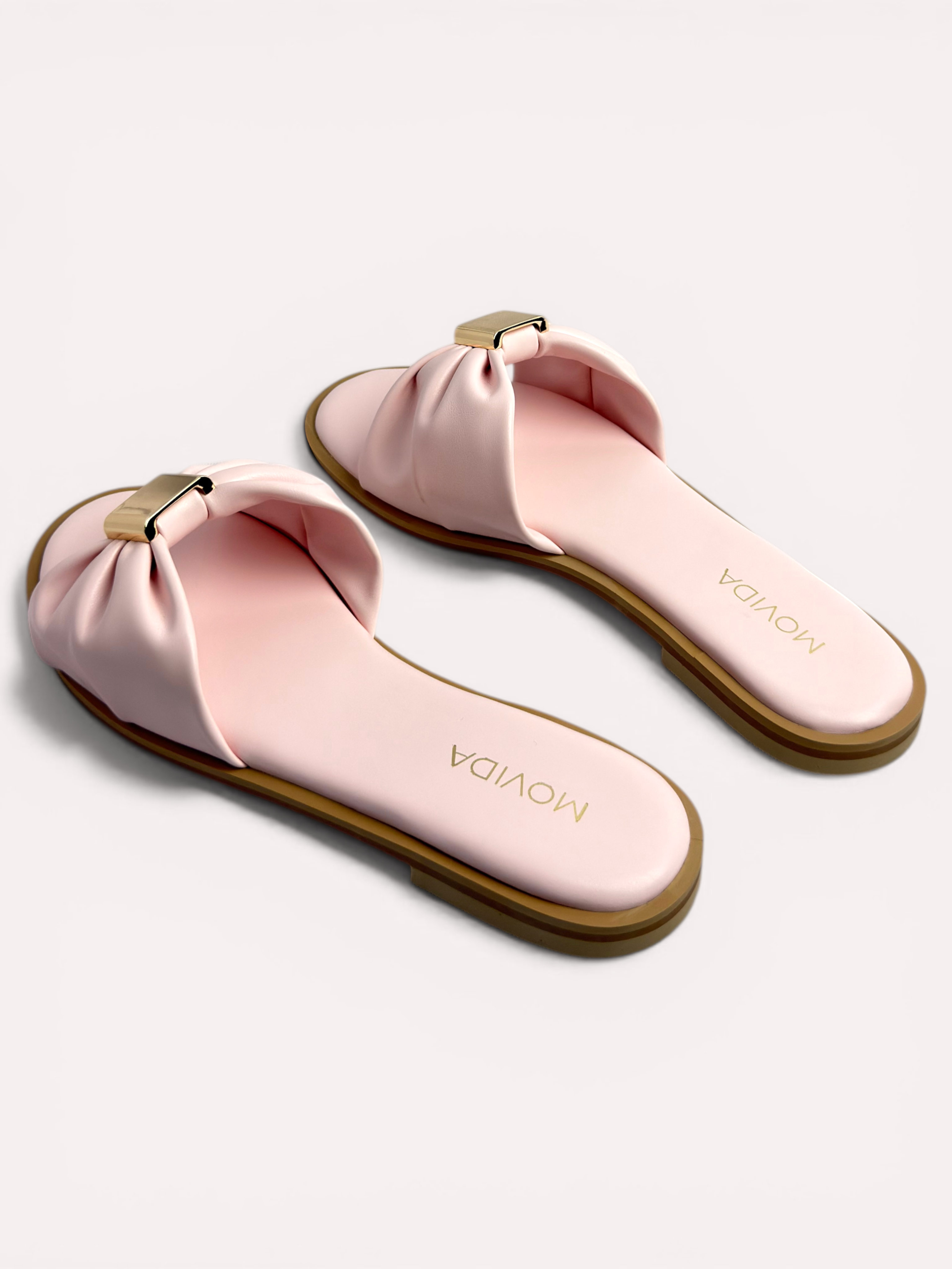 Lumi Ruched Bow-Strap Flat Slide Sandals – Pink
