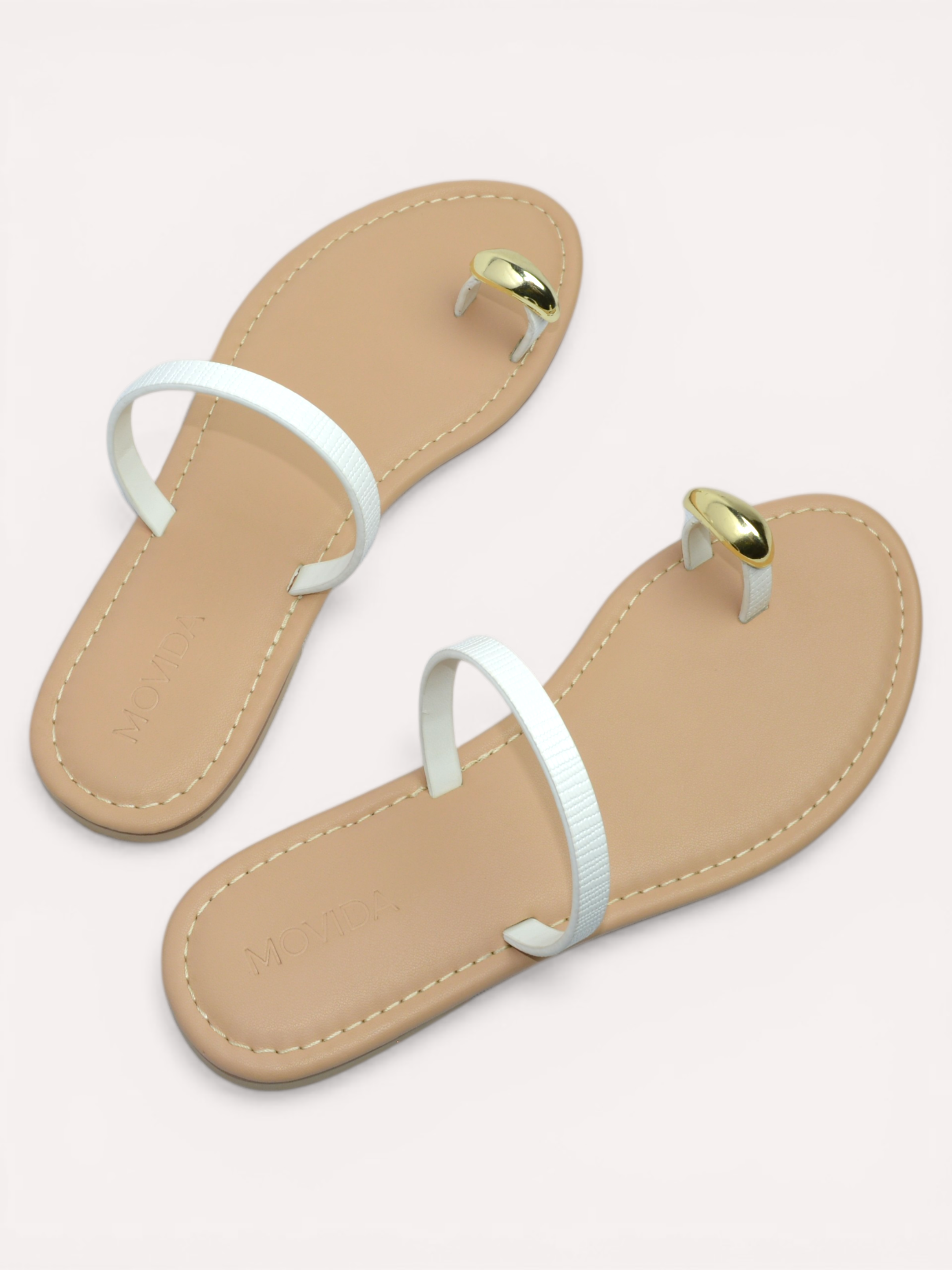 Classic Flat Metallic Toe Ring Sandal - White Beige