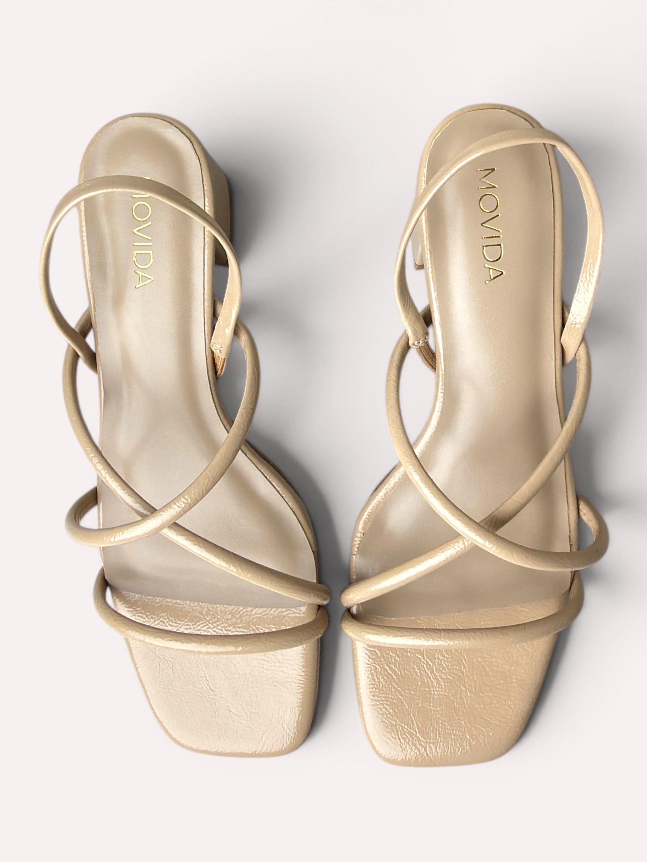 Scarlett Crinkle Patent Multi-Strap Block Heel Mule – Beige