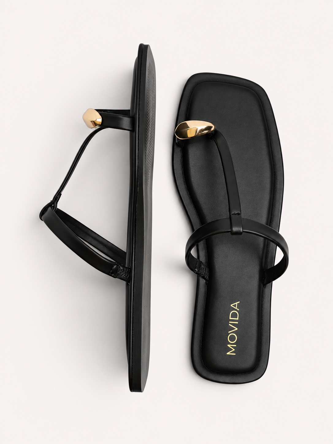 Sable Gold Shell T-Bar  Thong Sandal – Black