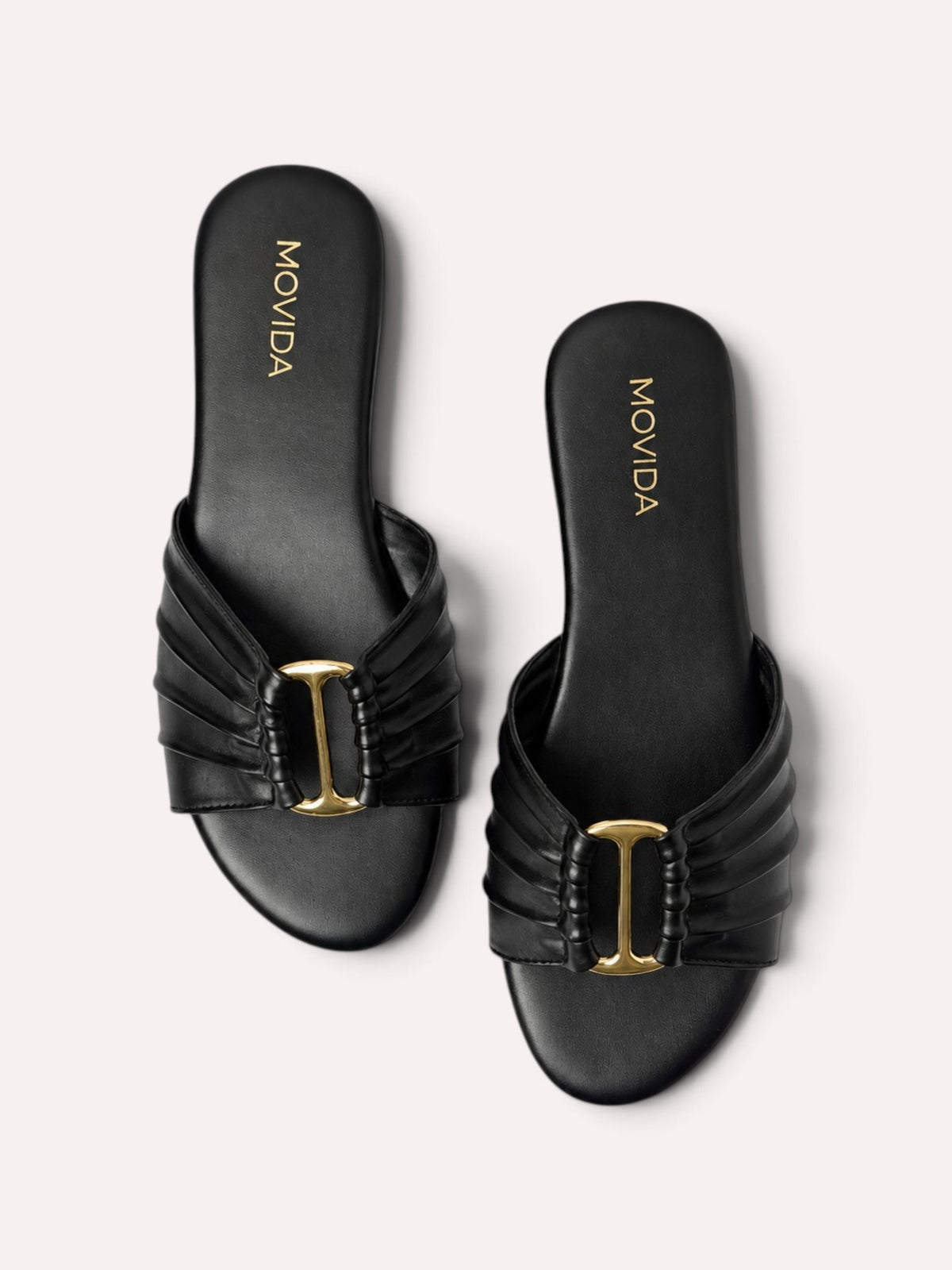 Plisse Gold-Bar Multi-Strap Flat Slide – Black