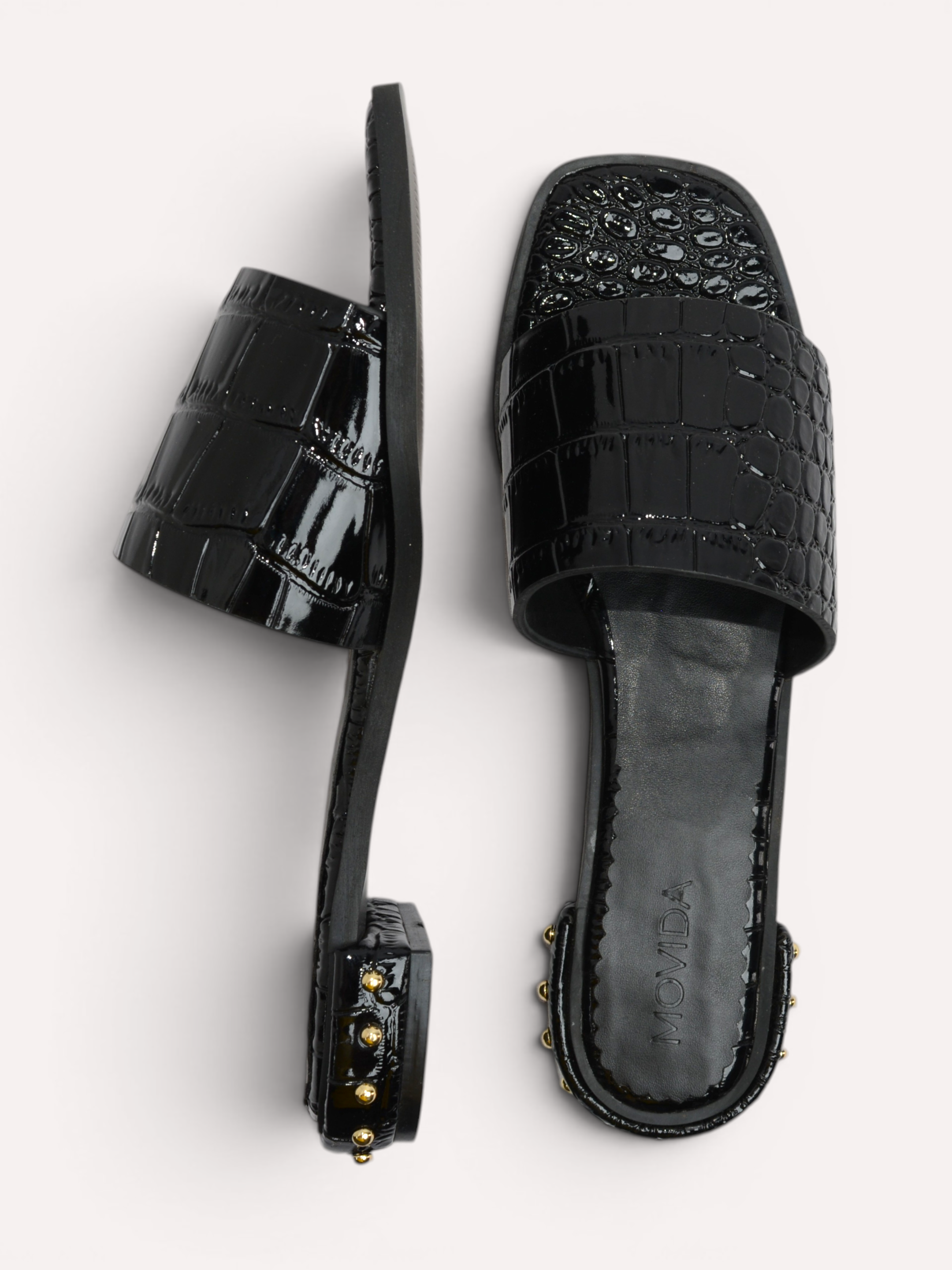 Harlow Patent Croco H-Bar Stud Slide – Black