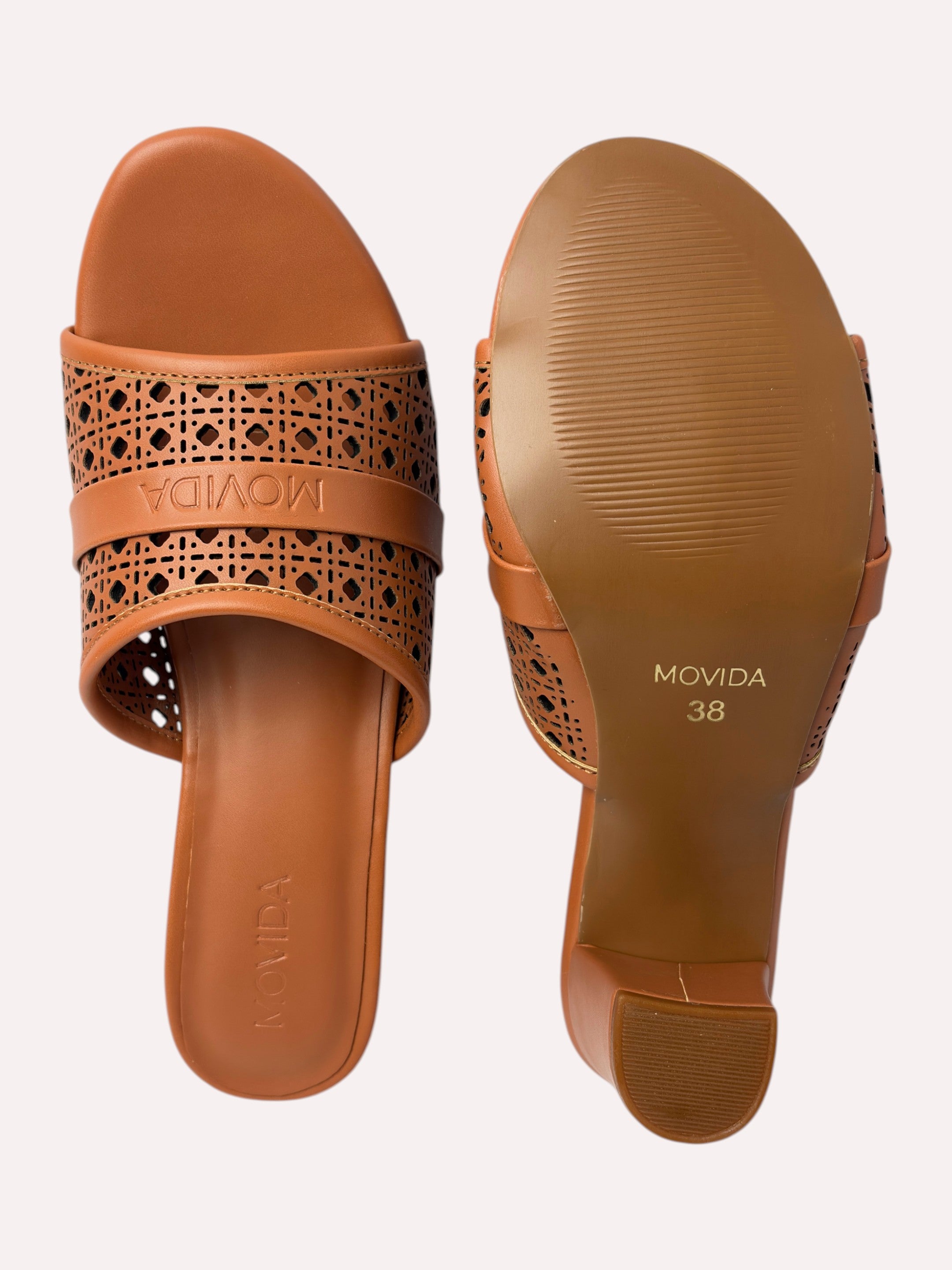 Canela Laser-Cut Mule Block Heel – Tan