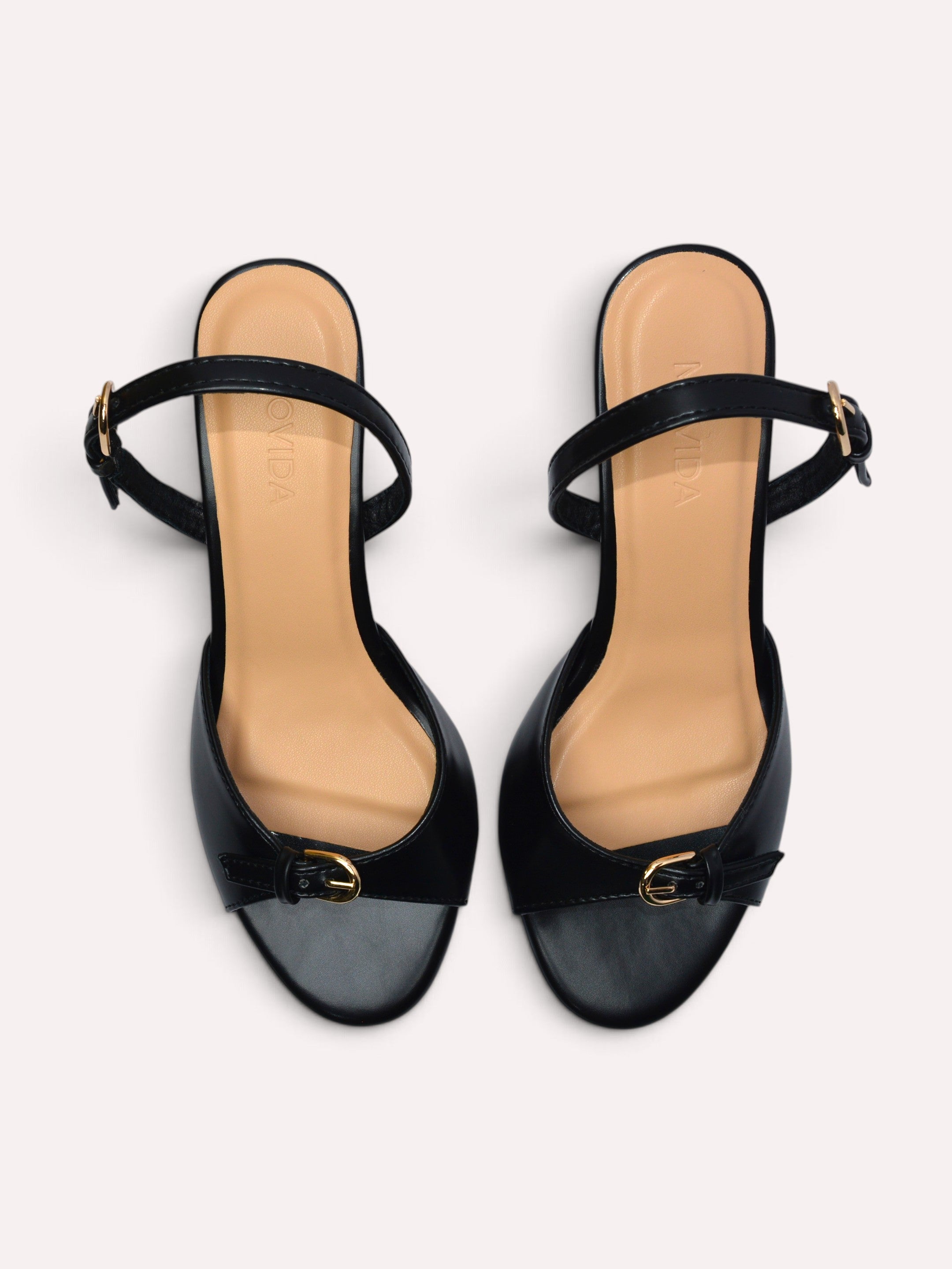 Elara Gold Buckle Strap Trumpet Heel Slingback – Black