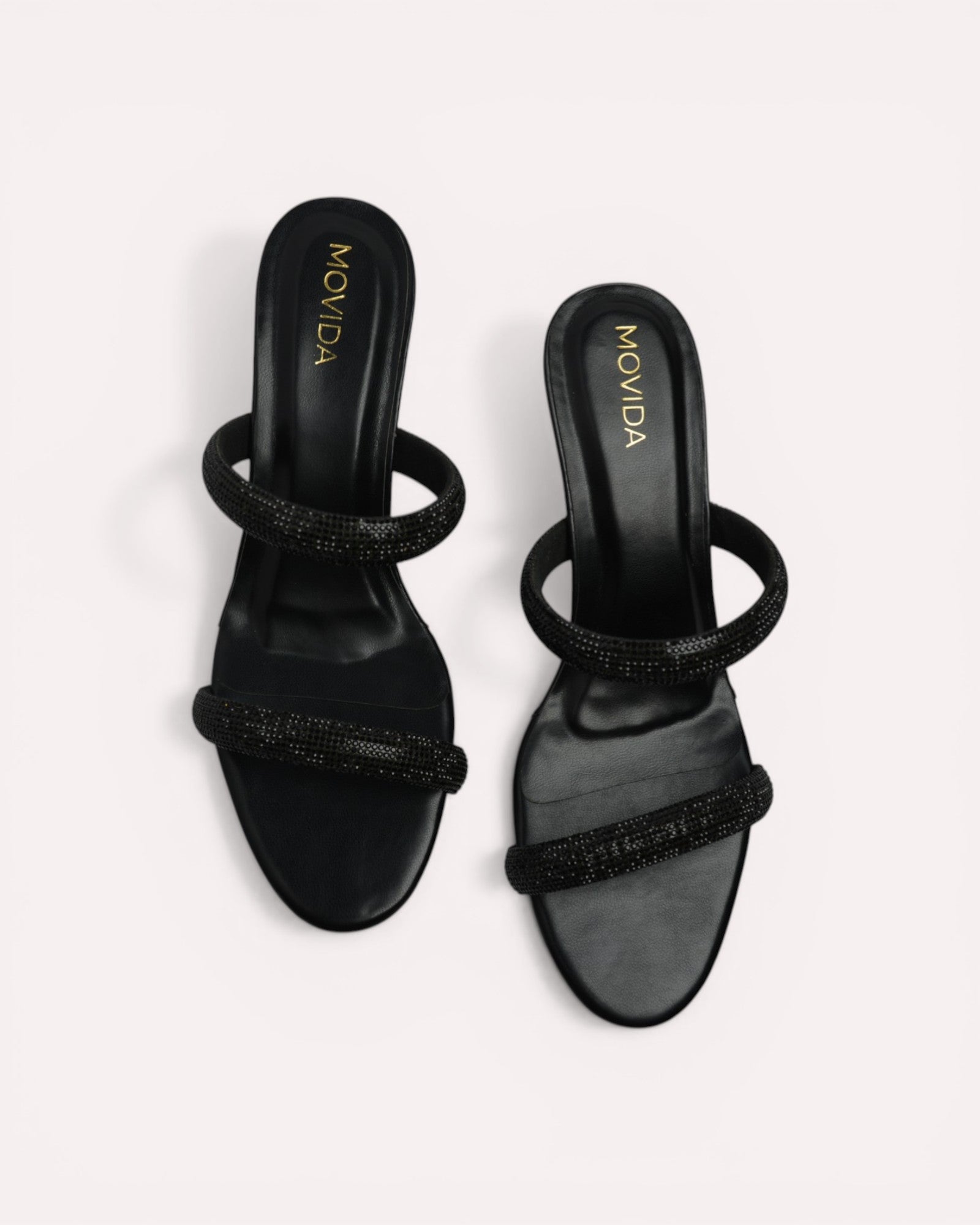 Noir Crystal Dual-Strap Flared Heel Mules – Black