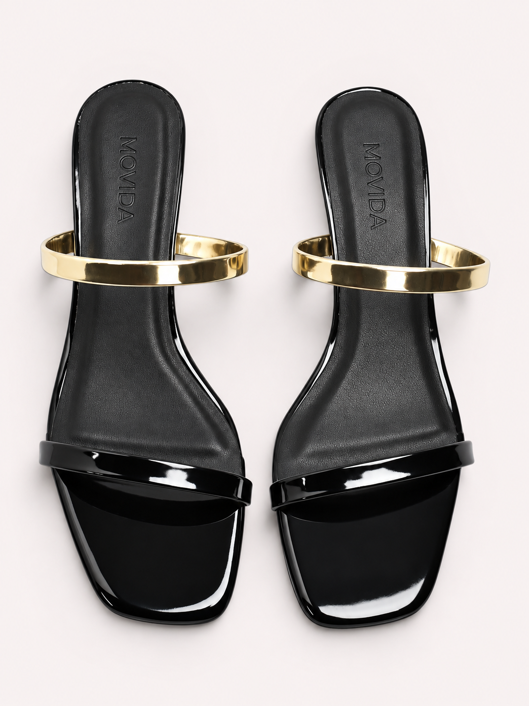Reva Dual Strap Gold Bar Kitten Heel Mule – Black
