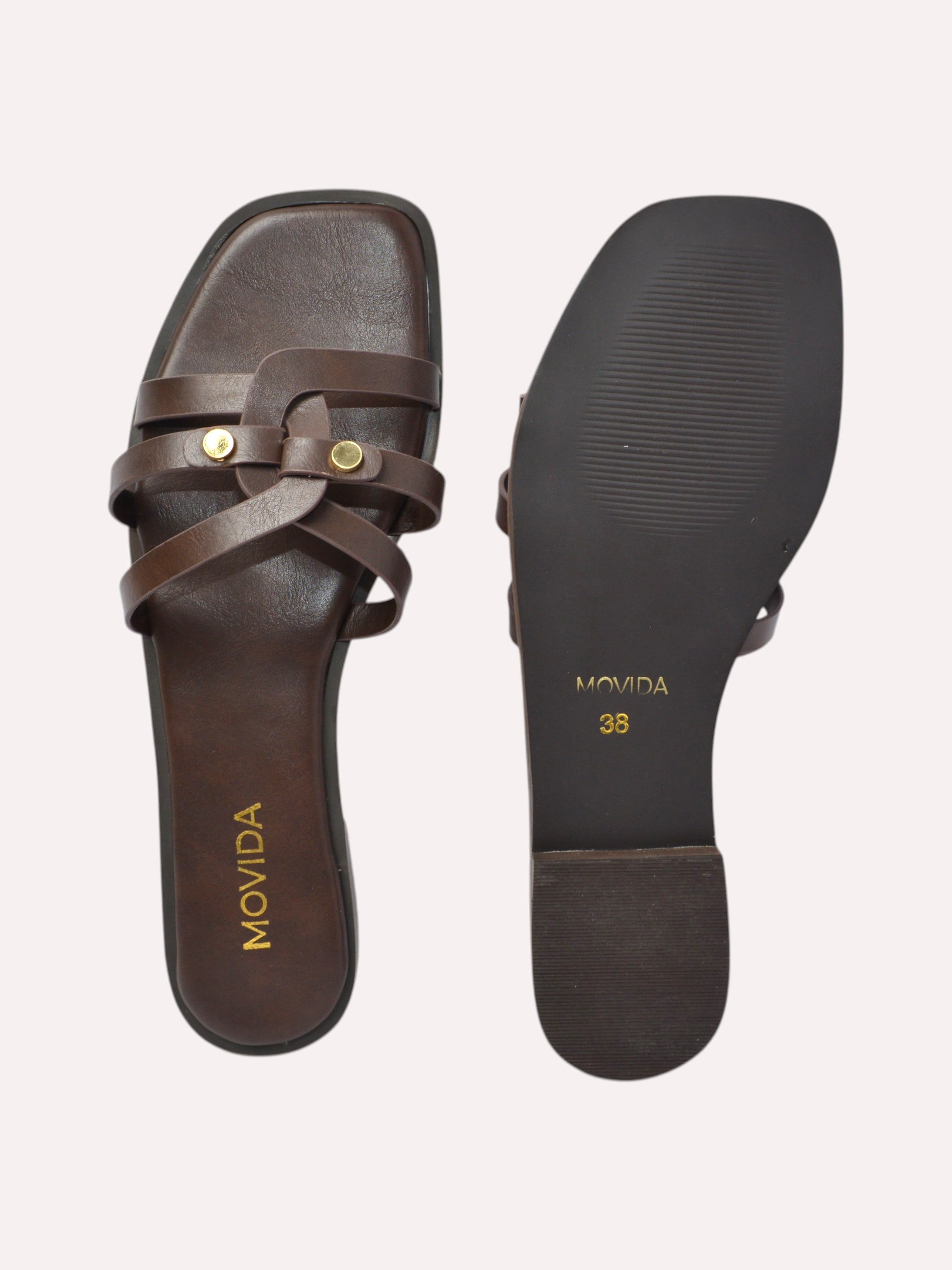 Trio Gold Rivet Triple Strap Flat Slide – Brown