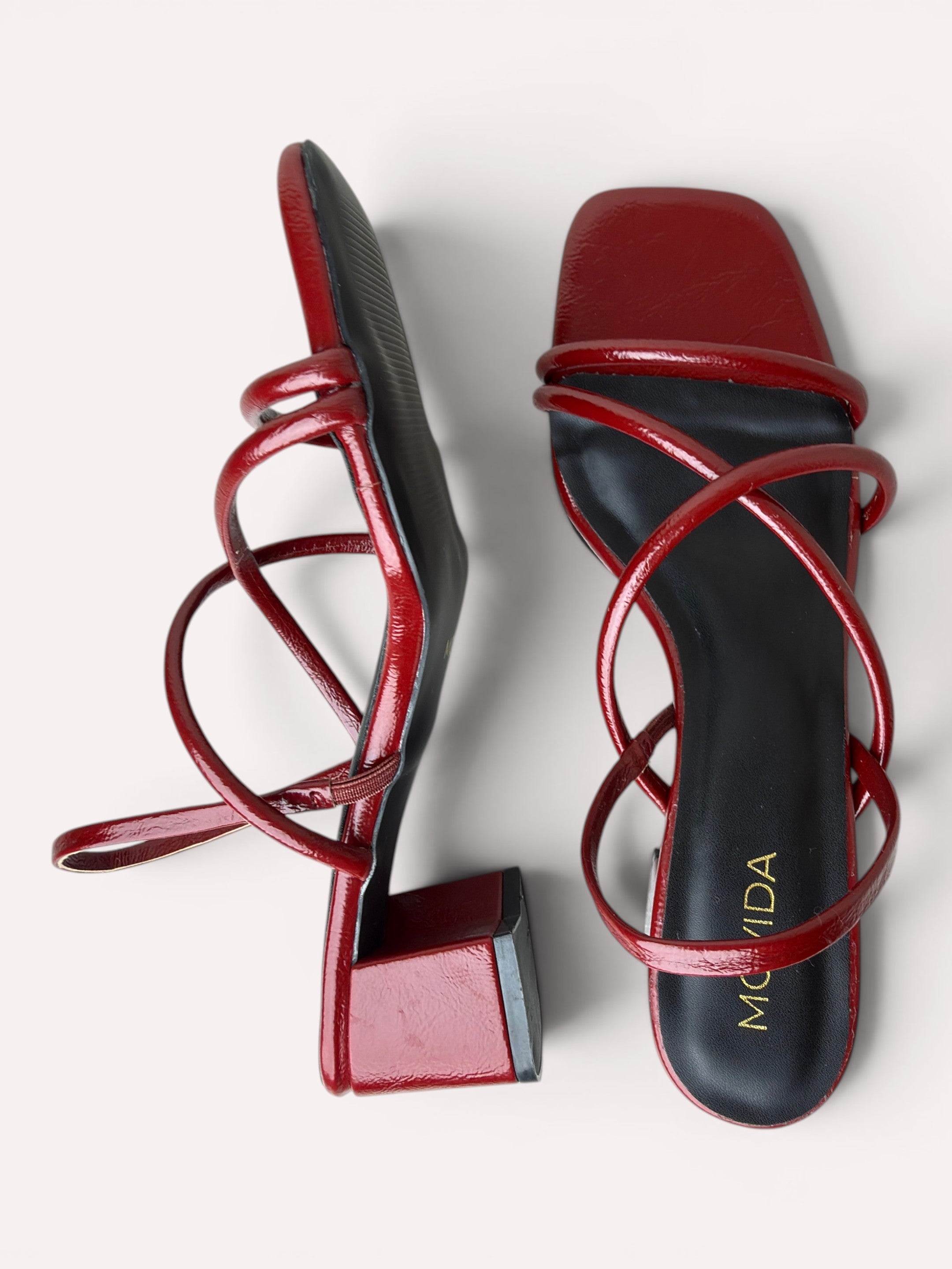 Scarlett Crinkle Patent Multi-Strap Block Heel Mule – Cherry Red