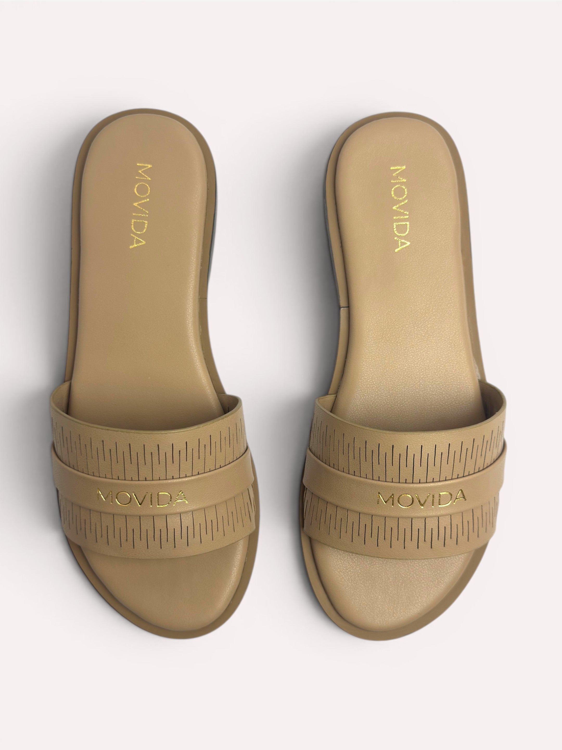 Lara Perforated Logo Strap Flat Slide – Camel