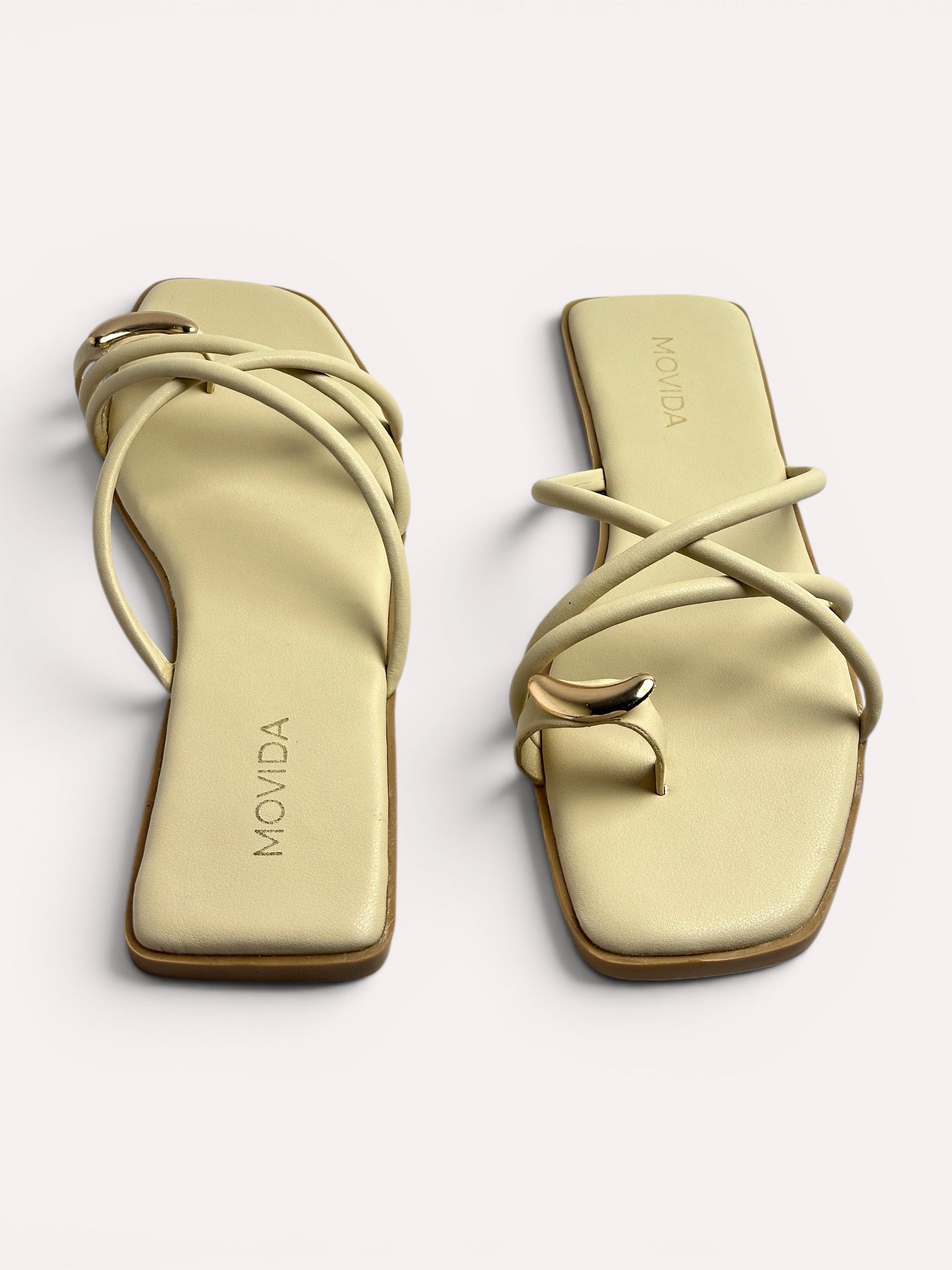Luna Crescent Multi-Strap Toe Ring Flat Slide - Cream