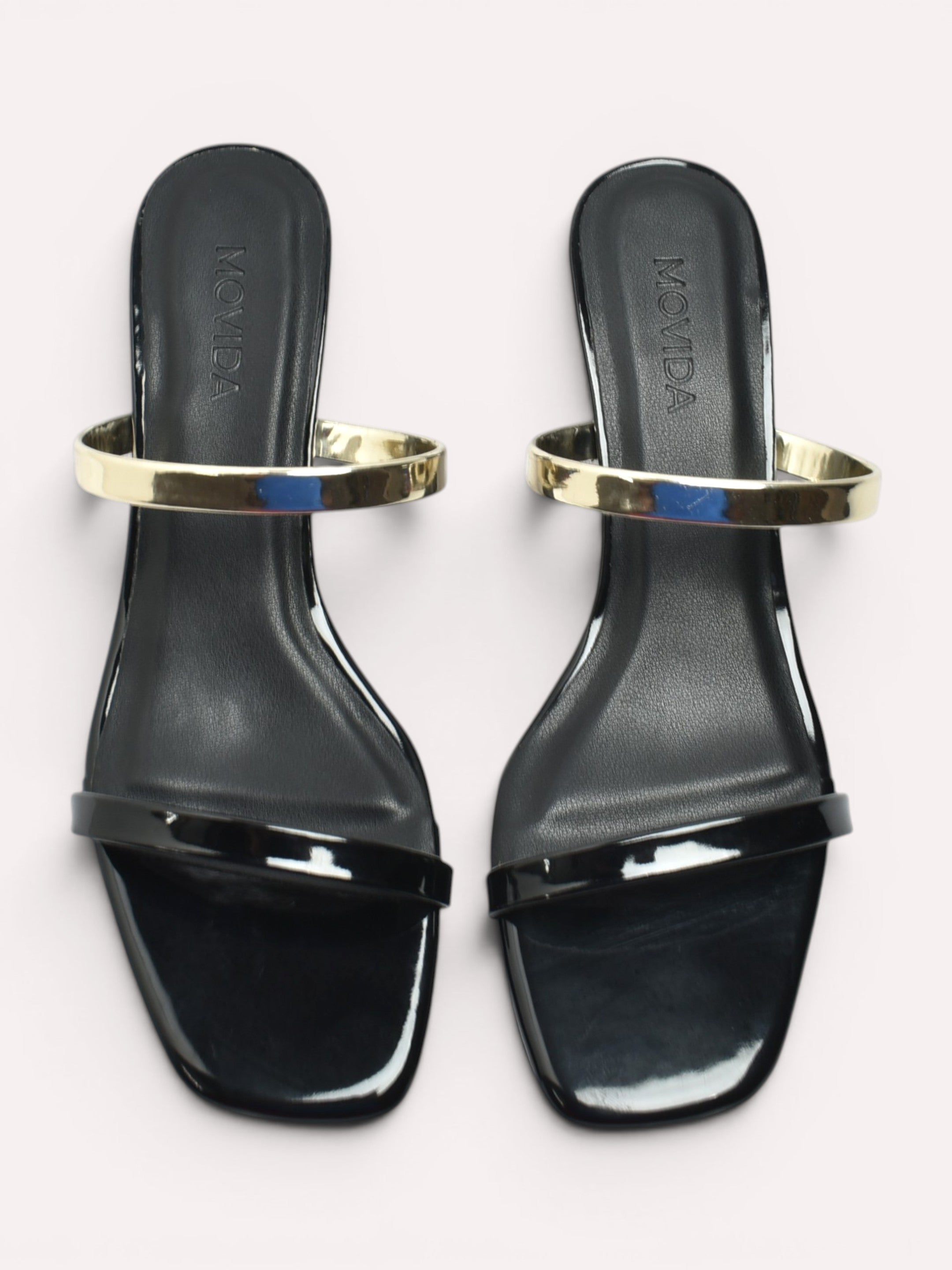 Reva Dual Strap Gold Bar Kitten Heel Mule – Black