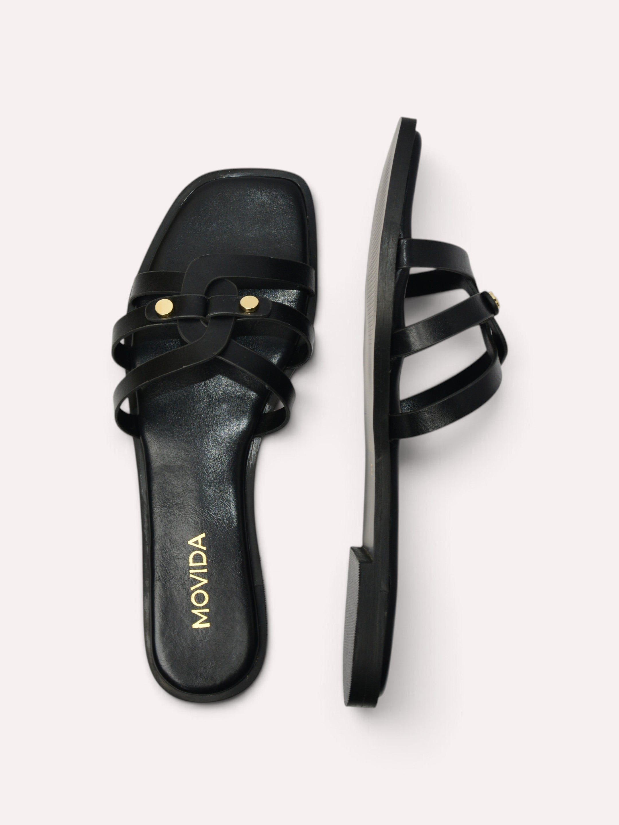 Trio Gold Rivet Triple Strap Flat Slide – Black