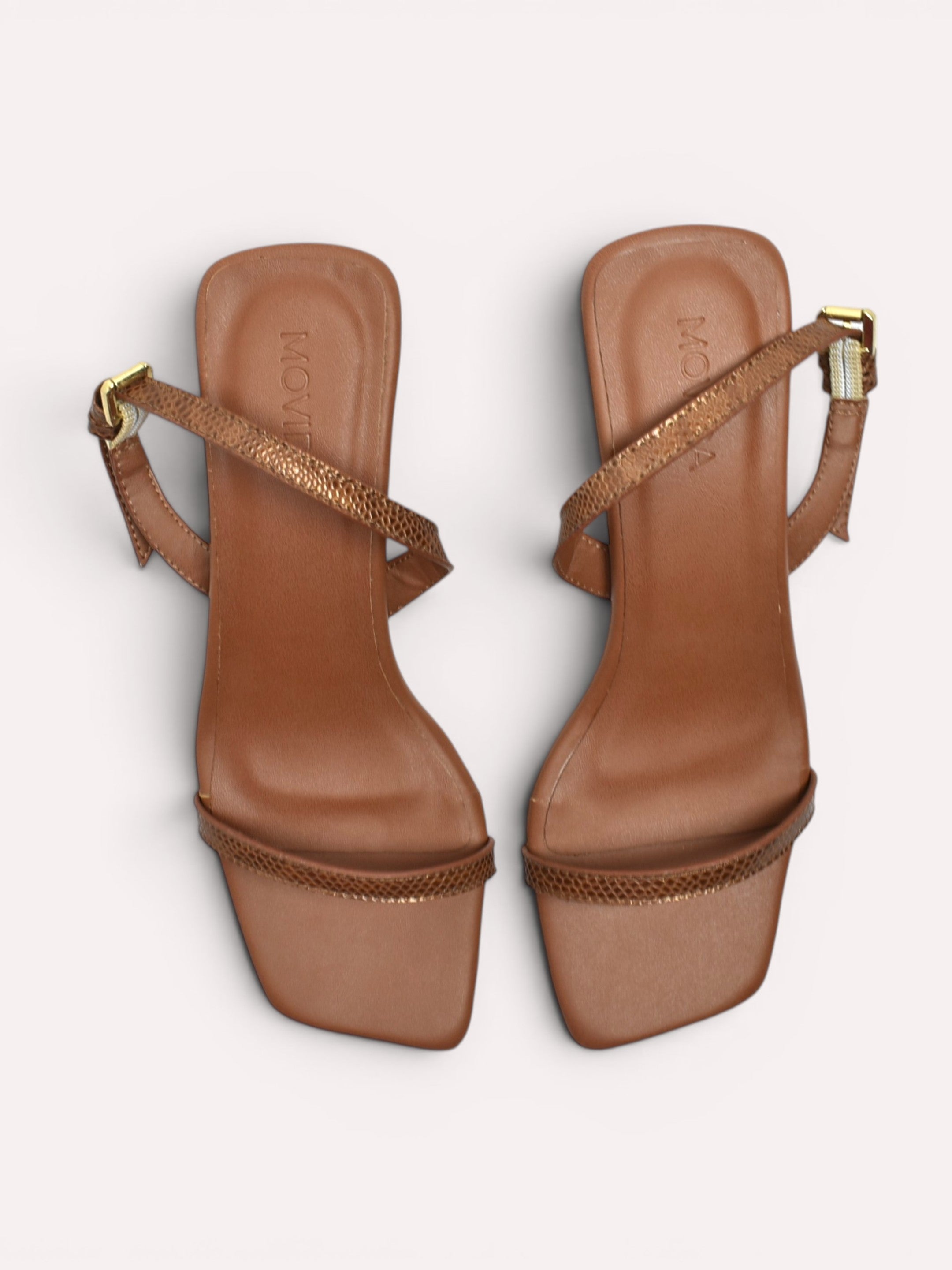Nora Snake Strap Sculptural Heel Slingback – Tan