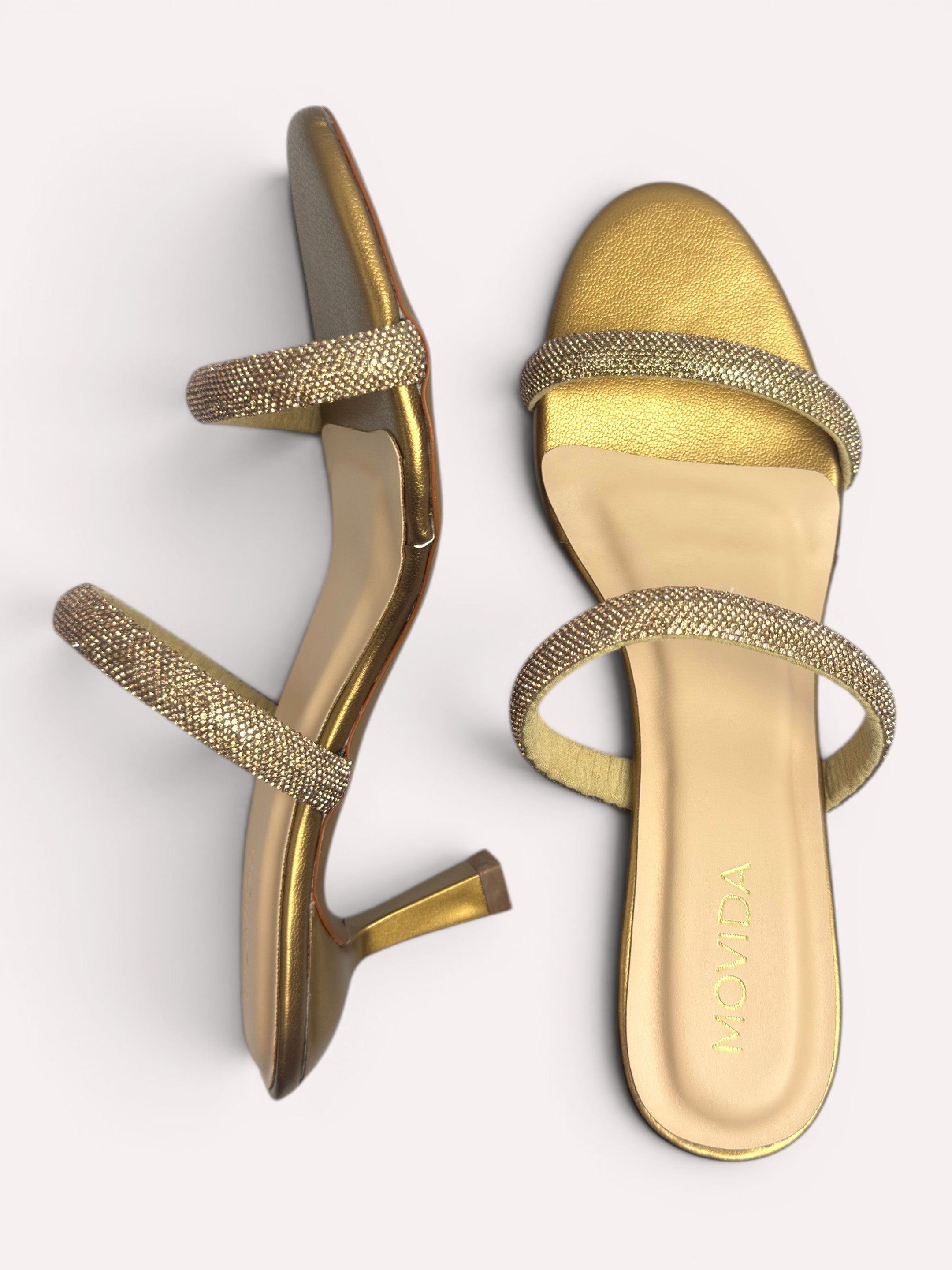 Noir Crystal Dual-Strap Flared Heel Mules – Copper