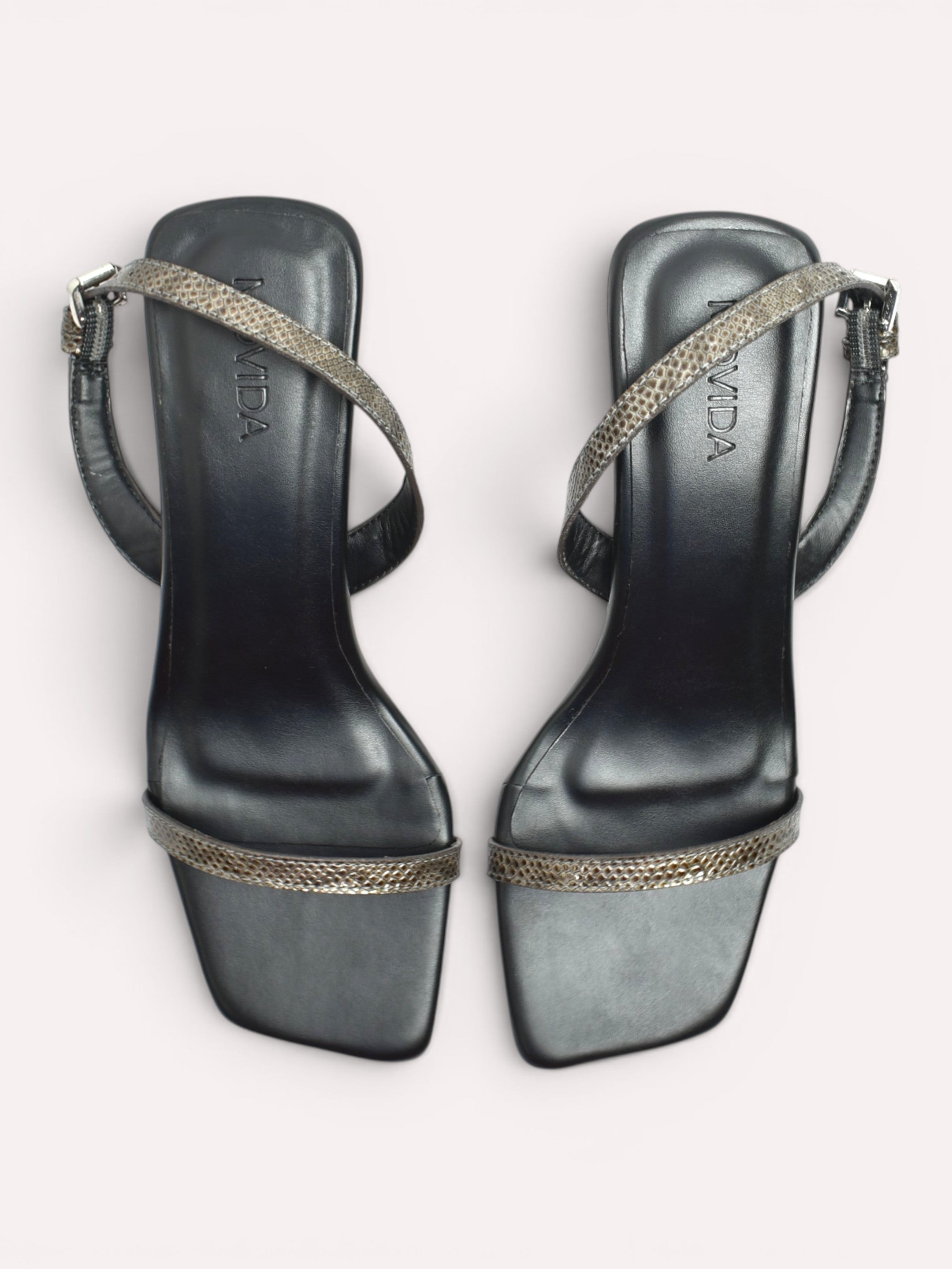 Nora Snake Strap Sculptural Heel Slingback – Black