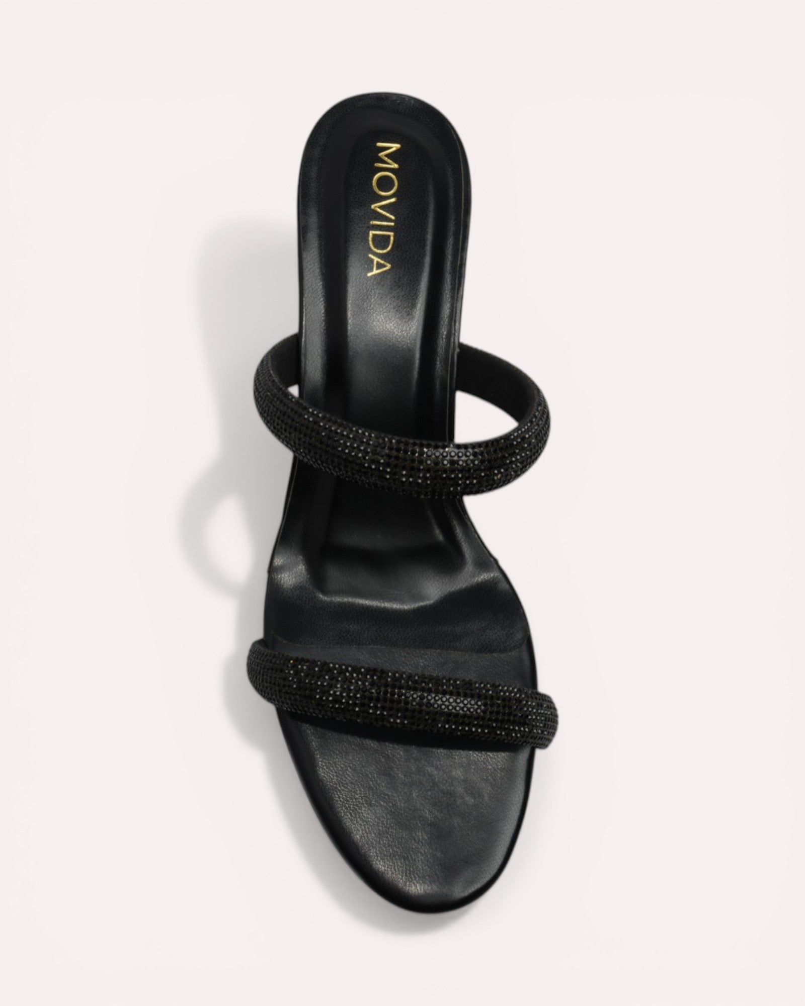 Noir Crystal Dual-Strap Flared Heel Mules – Black