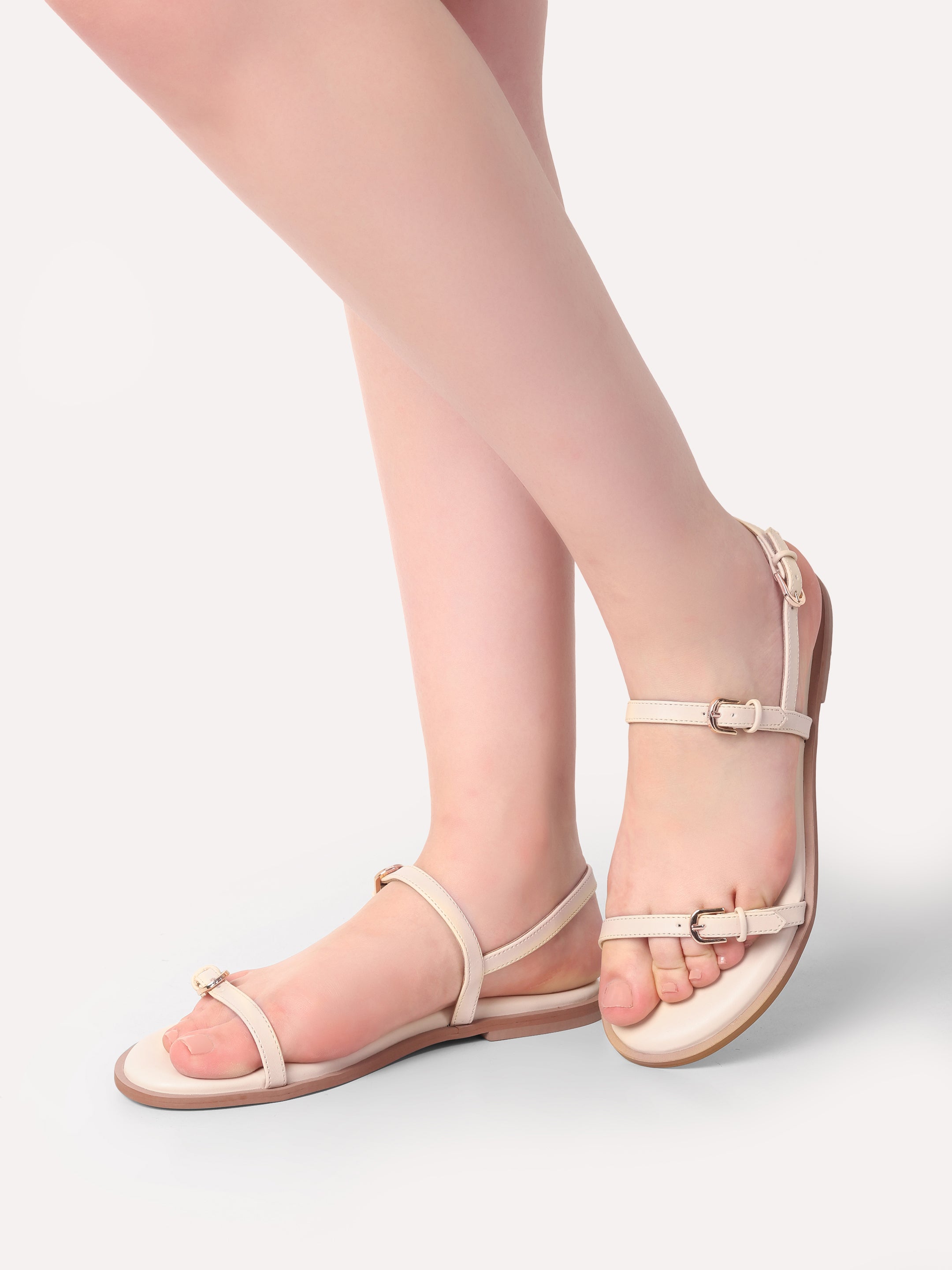 Buckled Flat Strap Sandal - Cream