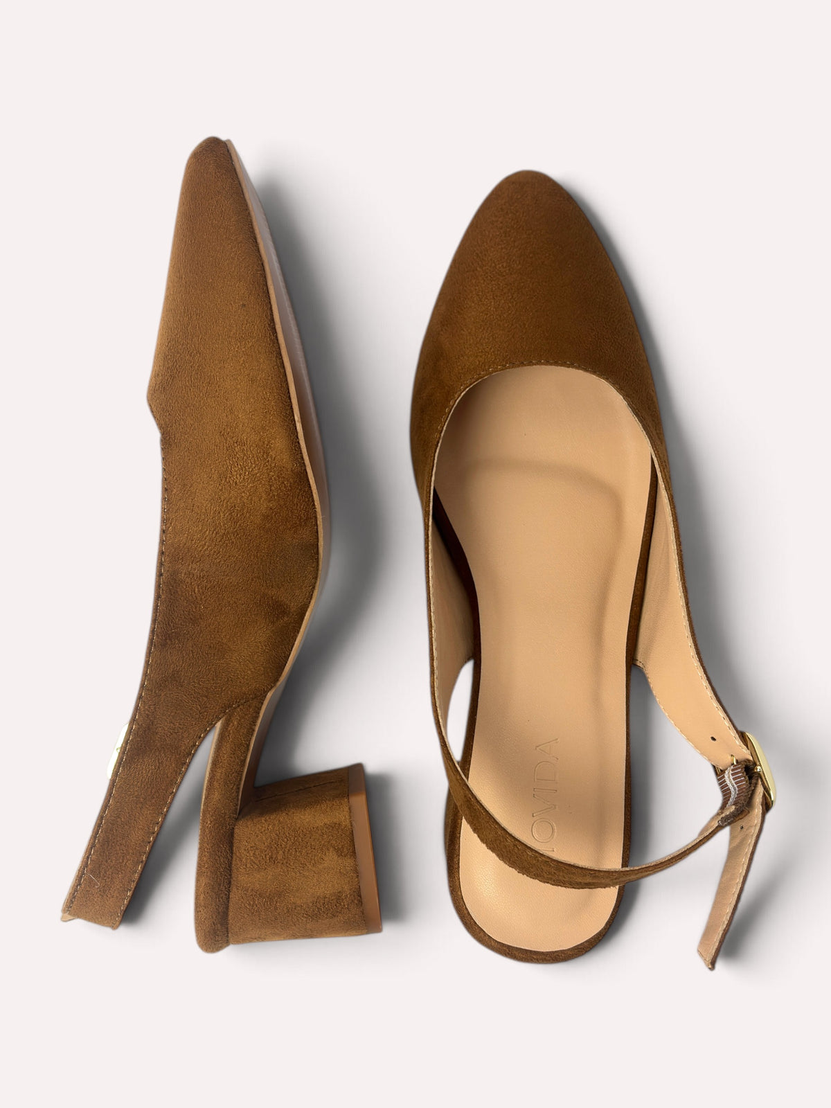 Bardot Pointed-Toe Slingback Block Heel – Tan