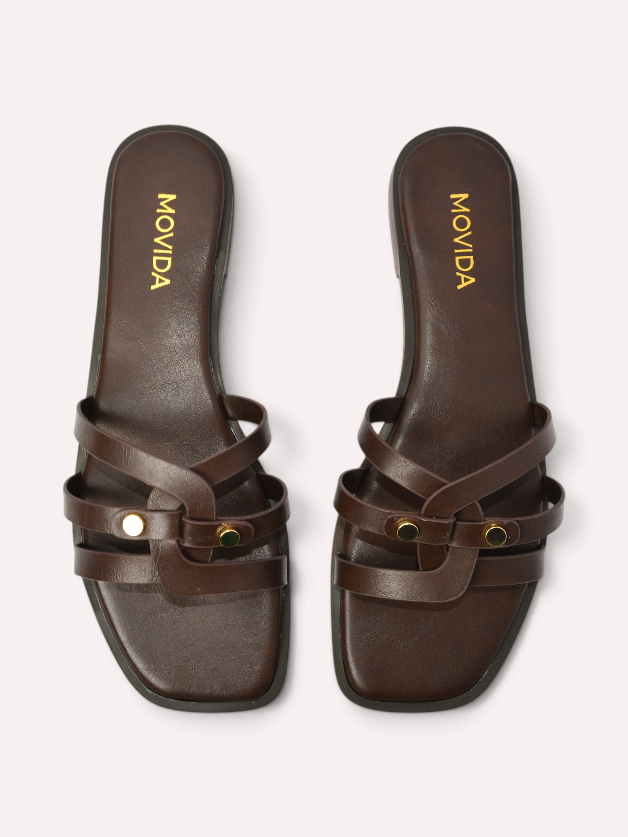 Trio Gold Rivet Triple Strap Flat Slide – Brown
