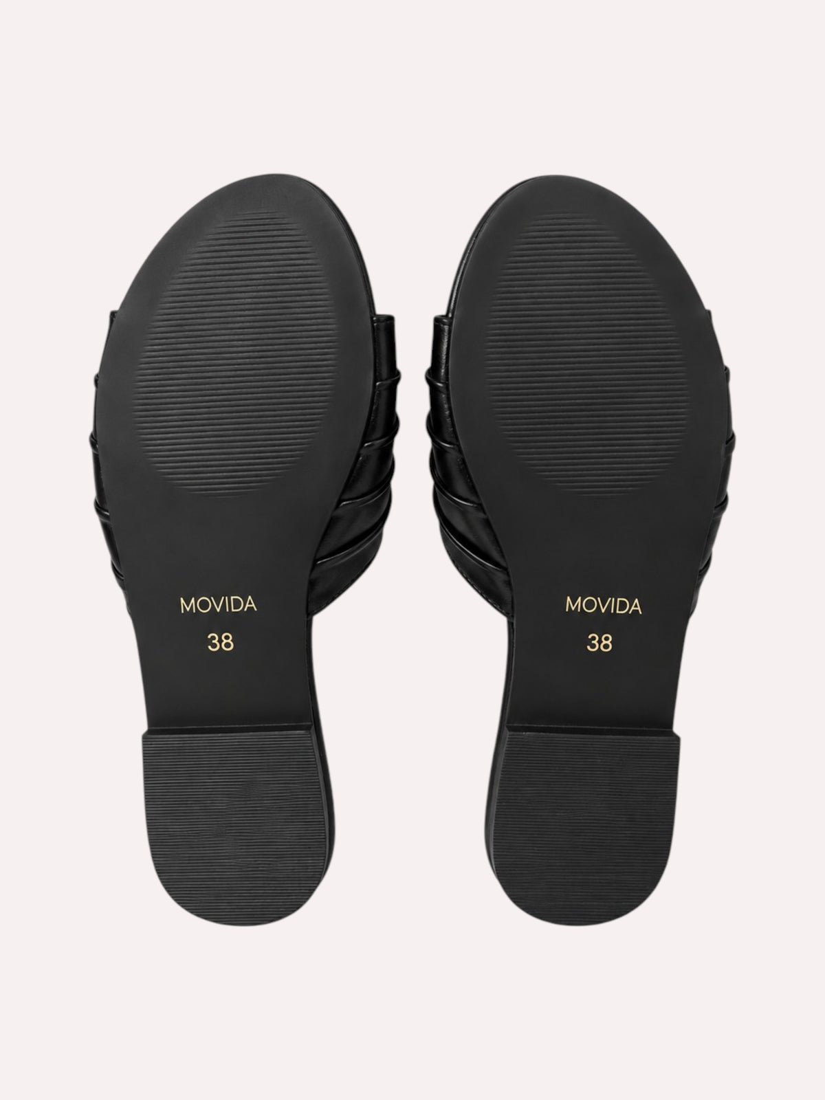 Plisse Gold-Bar Multi-Strap Flat Slide – Black – Sole View