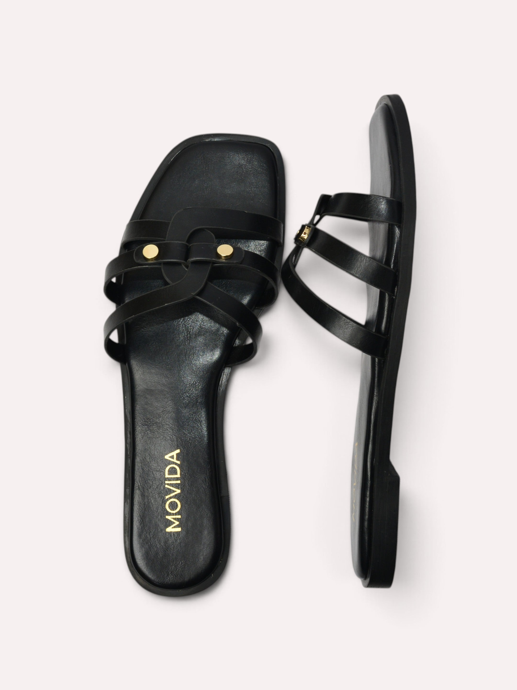 Trio Gold Rivet Triple Strap Flat Slide – Black