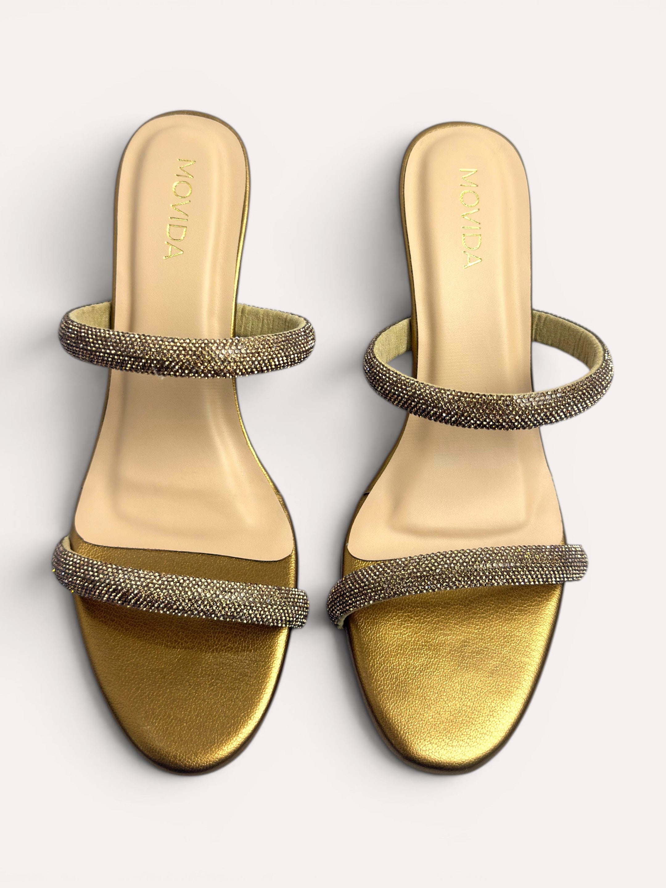 Noir Crystal Dual-Strap Flared Heel Mules – Copper