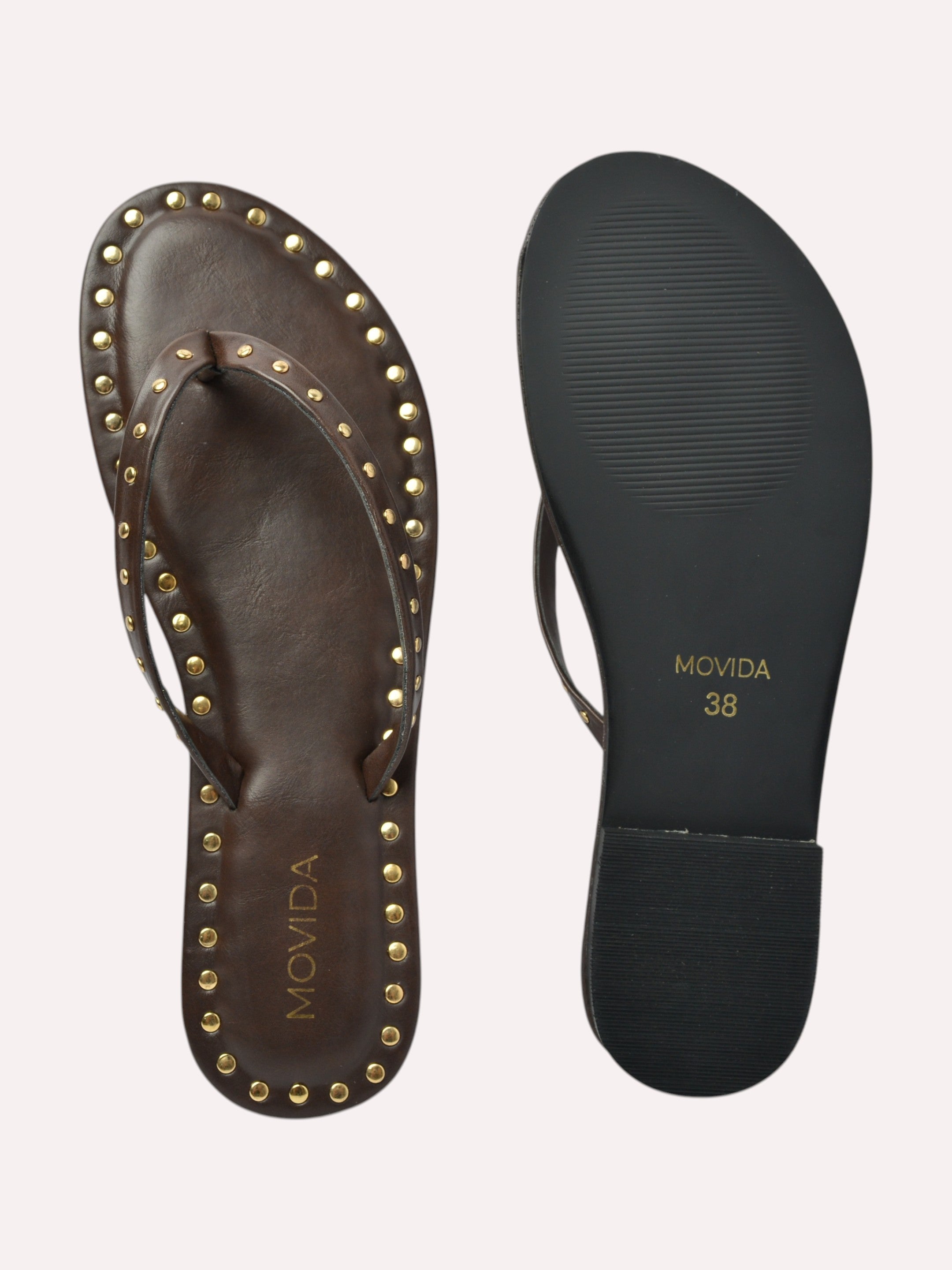 Flat V Straps Strap with Studs Sandal - Brown