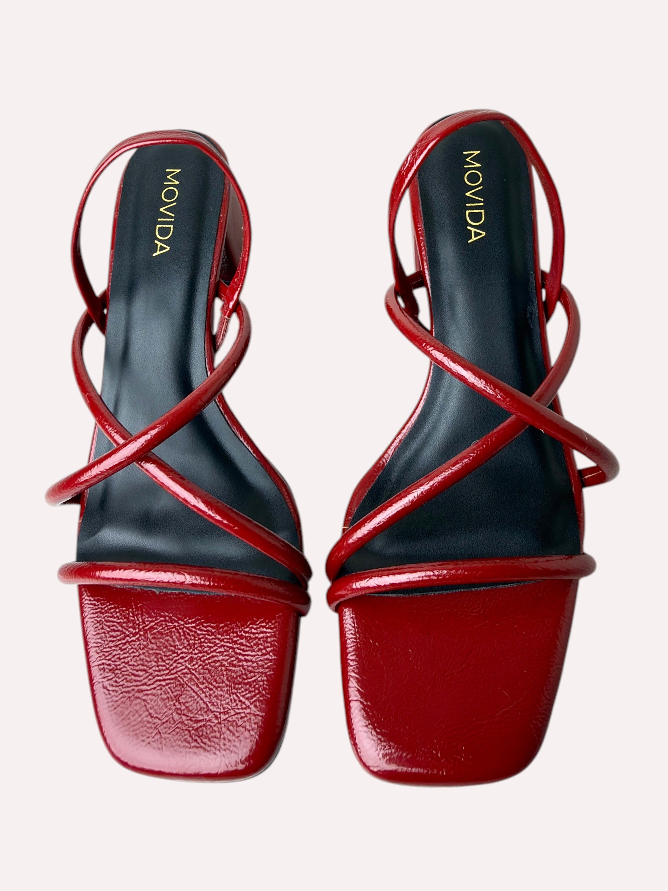 Scarlett Crinkle Patent Multi-Strap Block Heel Mule – Cherry Red
