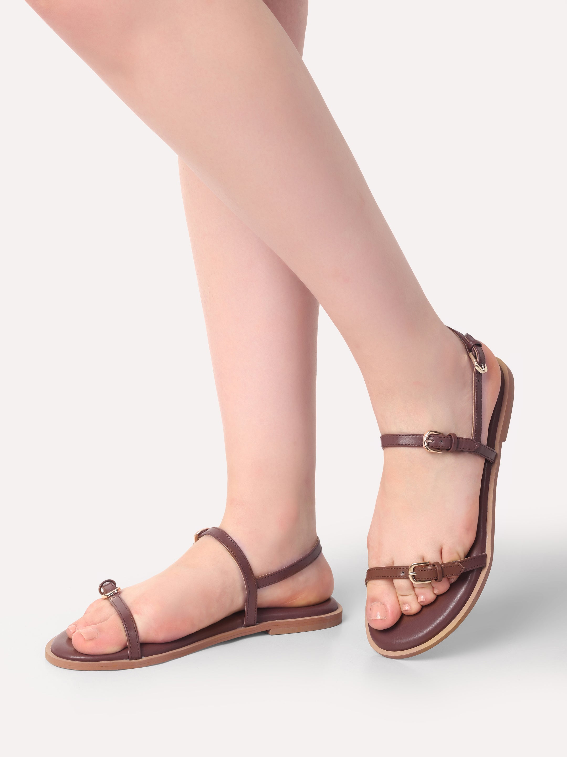 Buckled Flat Strap Sandal - Dark Brown