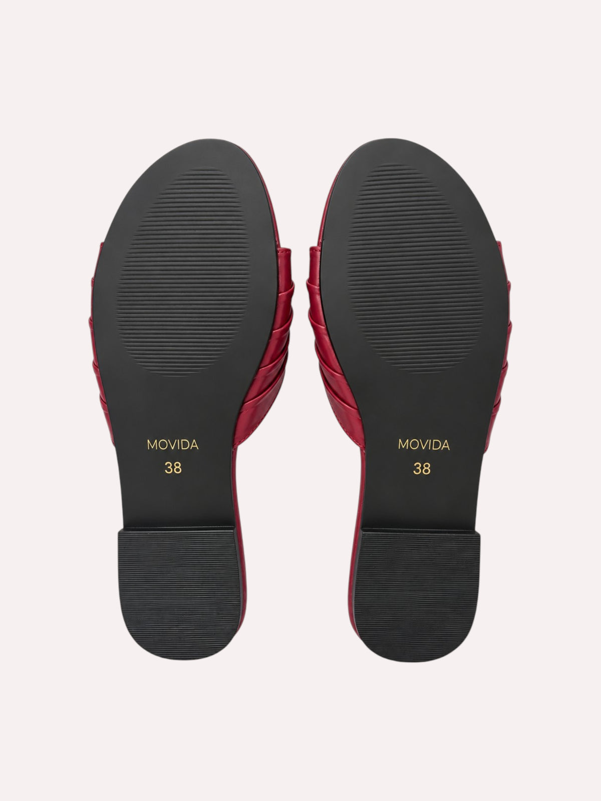 Plisse Gold-Bar Multi-Strap Flat Slide – Maroon – Sole View