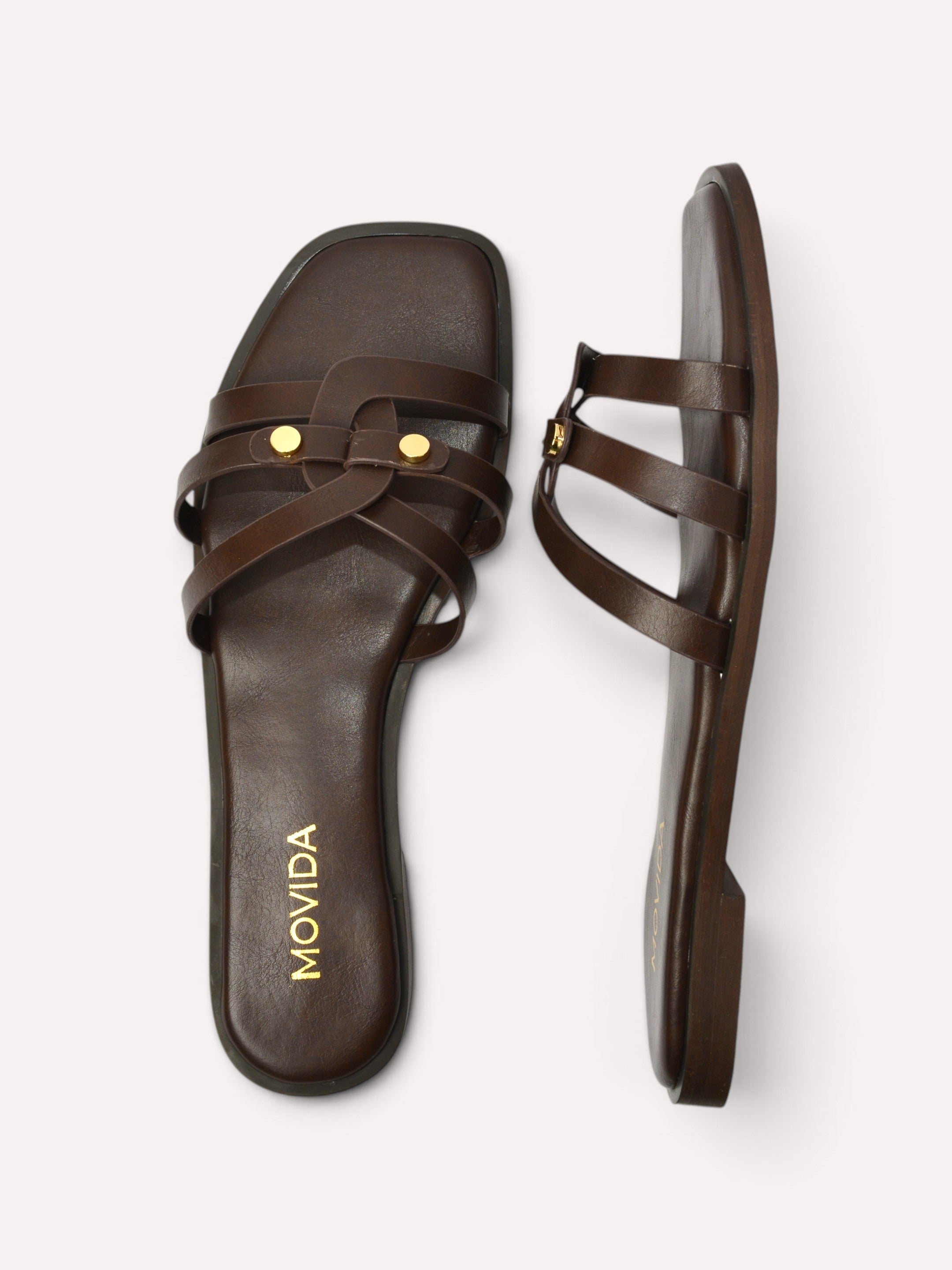 Trio Gold Rivet Triple Strap Flat Slide – Brown